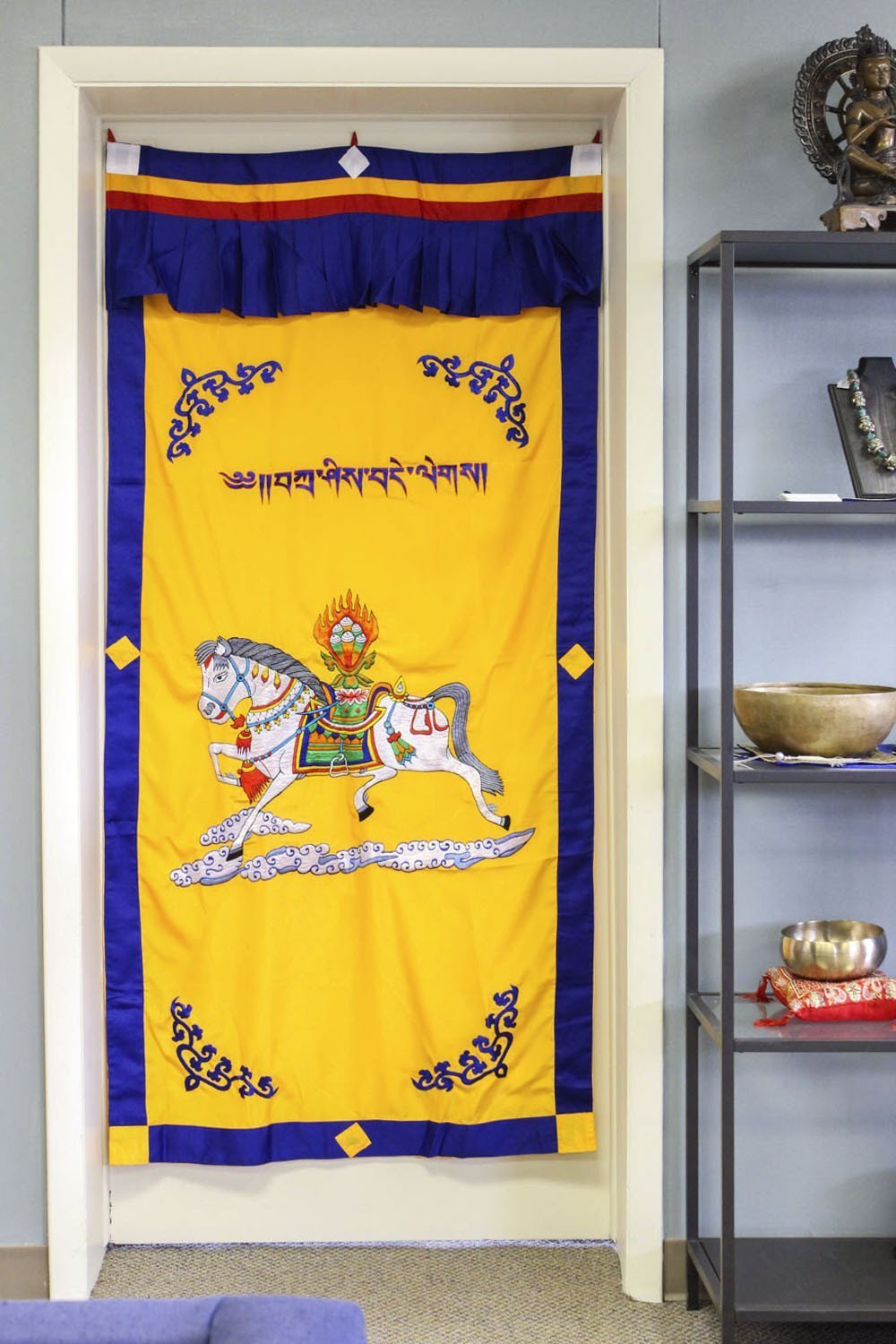 Golden Yellow Windhorse Door Curtain - Tibetan Prayer Flag Design for Home Decor & Spiritual Protection | Perfect for Living Room, Bedroom, or Entryway