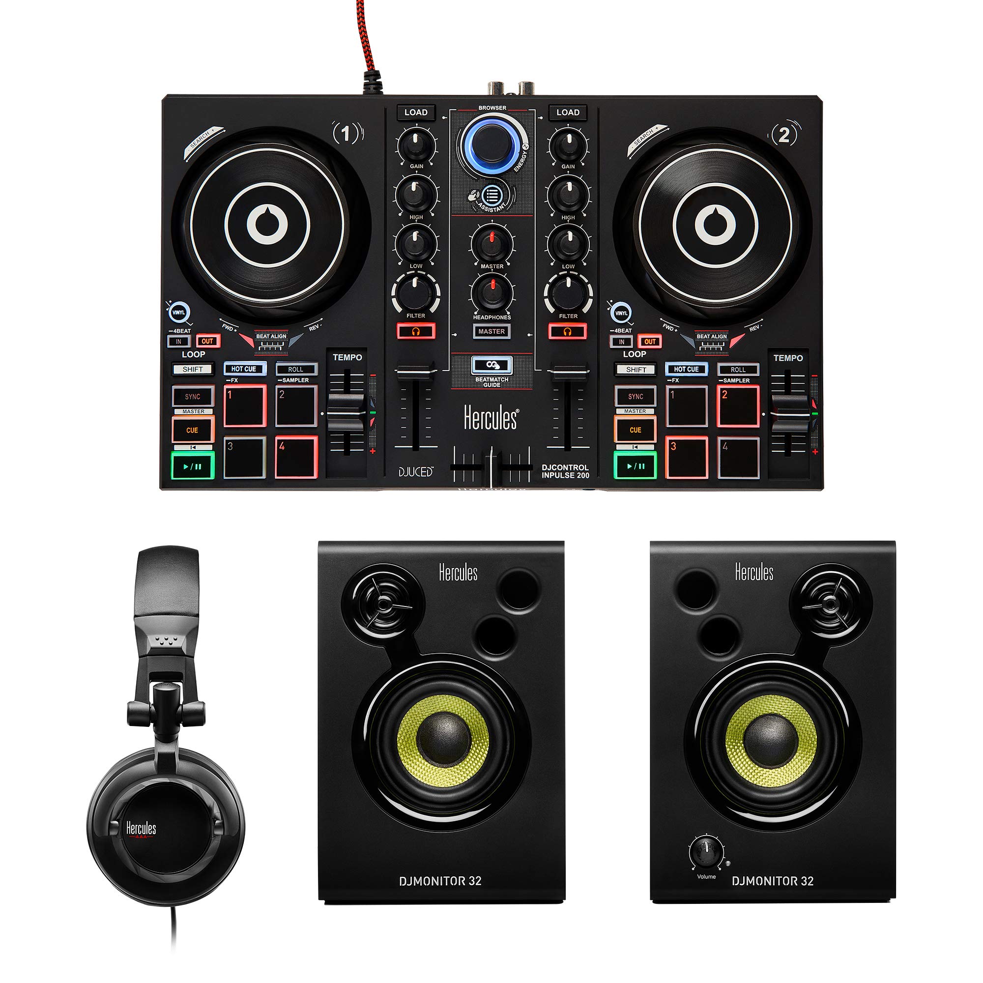 Hercules DJ Learning Kit with Inpulse 200 DJ Controller, 15W Monitor Speakers & Sound-Isolating Headphones – 2 Deck DJ Setup for Beginners | Home Studio & Live Performance