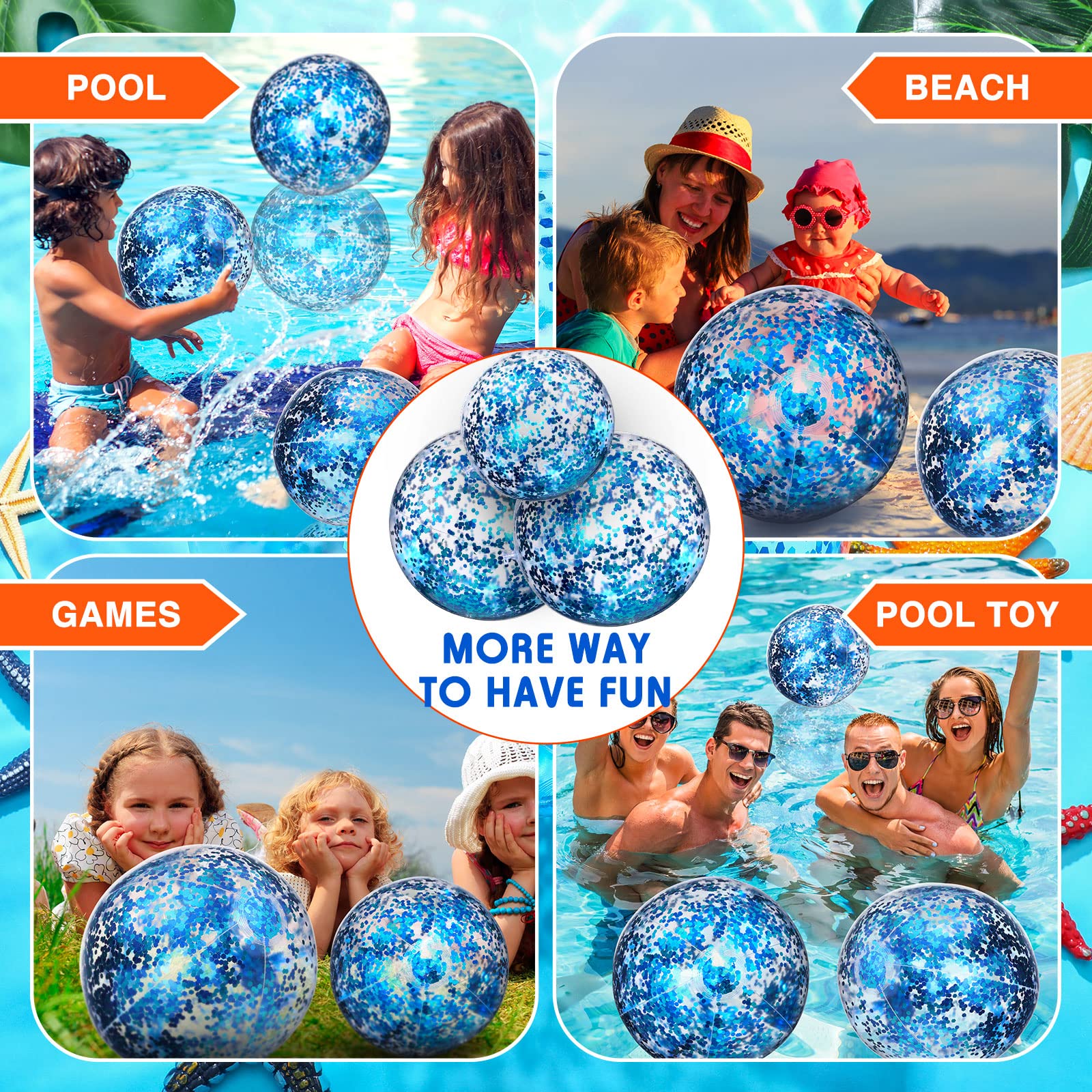 Lewtemi 12 Pcs Inflatable Glitter Beach Balls - 24 Inch & 16 Inch Clear Confetti Pool Balls, Jumbo Swimming Party Decorations for Summer, Outdoor Pool Parties, Birthday Favors, Kids Water Games (Blue)