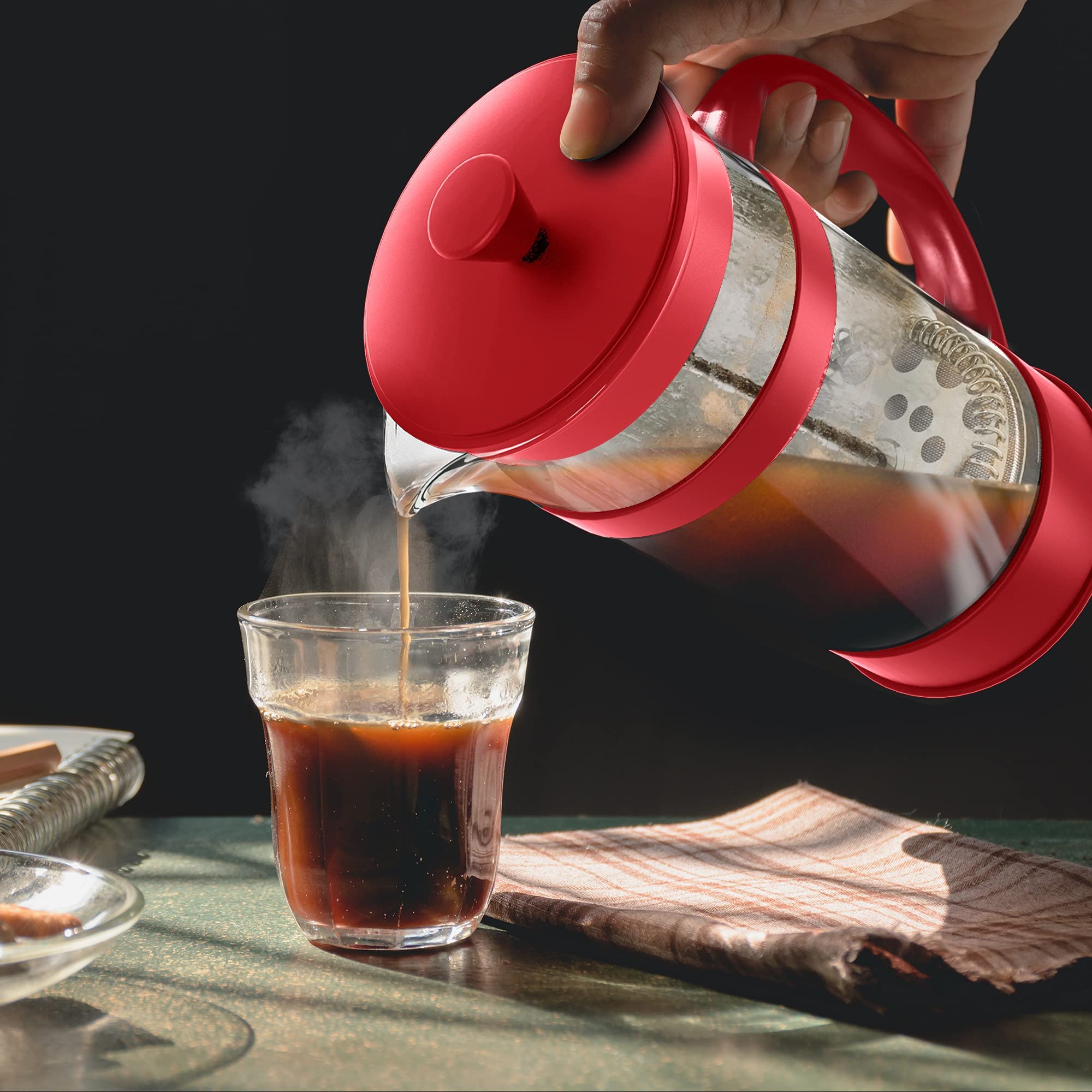 Utopia Kitchen 34oz 1L French Press Coffee & Tea Maker - Stainless Steel Travel Coffee Press with Heat Resistant Borosilicate Glass - Perfect for Camping, Office, Home Use & Gifts (Red, Single Pack)