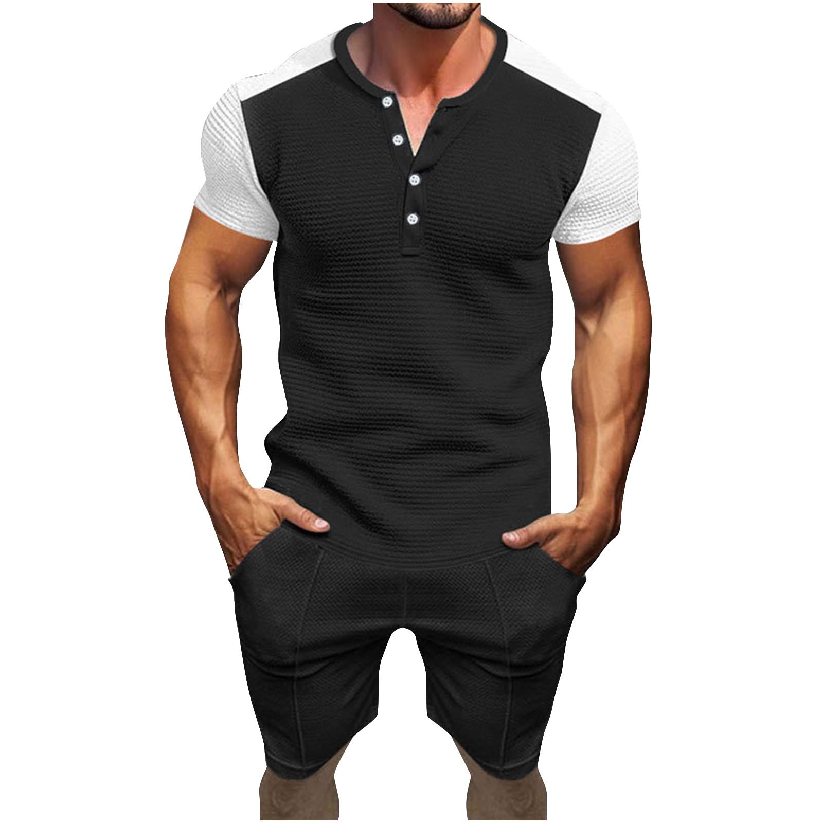 Men's Waffle Knit Henley Shirt & Shorts Set - 2 Piece Summer Casual Outfit with Pockets | Beachwear, Sports, Lounge & Vacation Wear