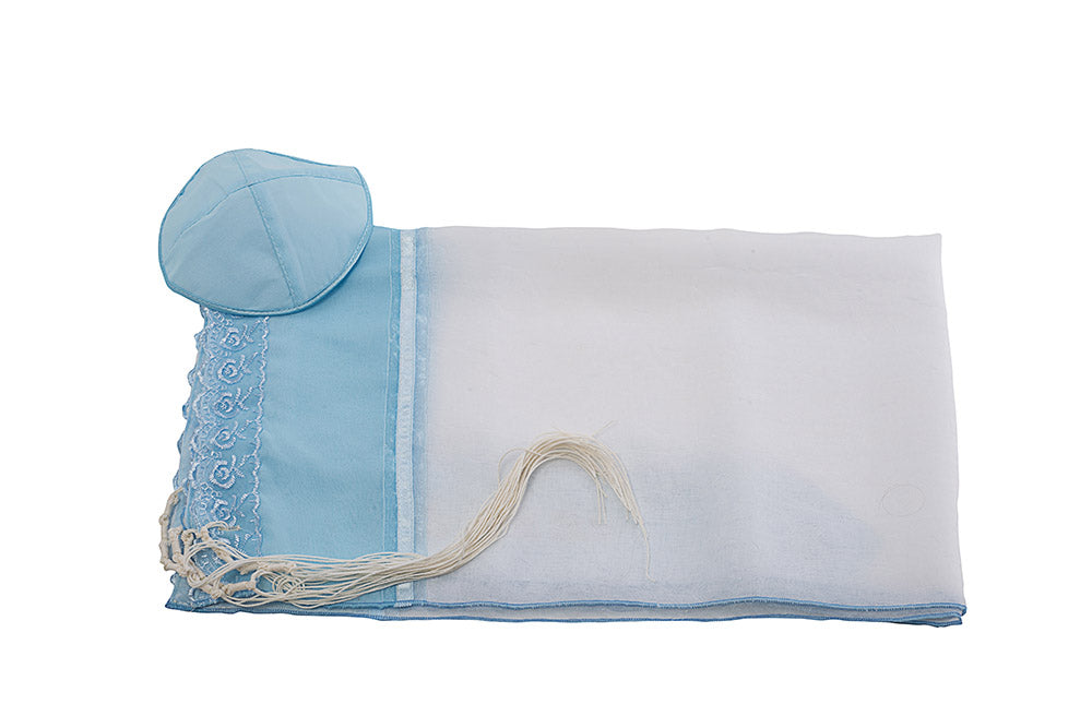 Light Blue Lace Tallit Shawl for Girls & Women - Elegant Sheer Prayer Scarf for Bat Mitzvah, Synagogue Services & Jewish Ceremonies - Feminine Religious Gift for Special Occasions