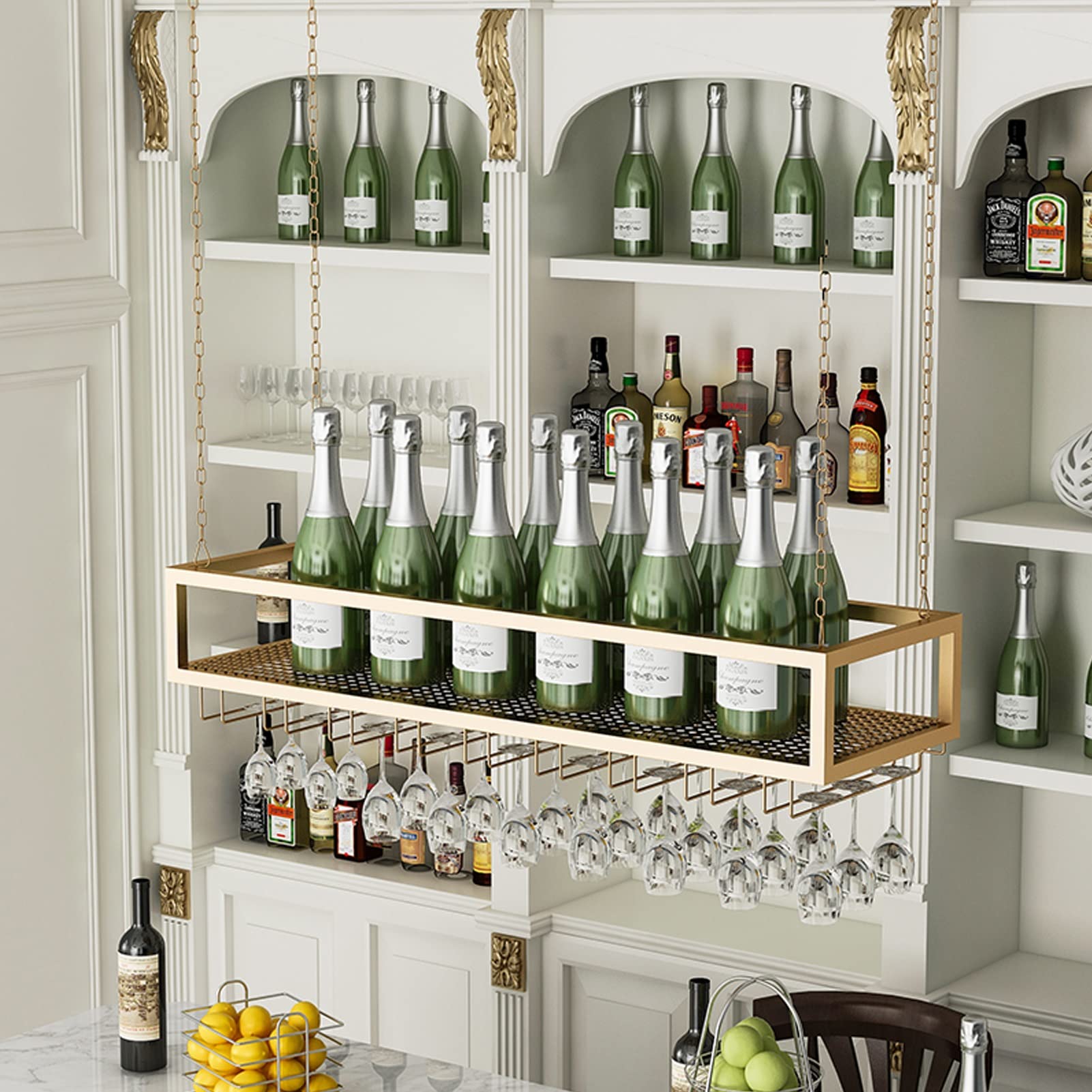 Wall Mounted Metal Floating Wine Rack & Stemware Holder - 100x25x20cm Bar Shelf Organizer for Champagne Glasses & Bottle Storage - Perfect for Home Bars, Kitchens, and Dining Room Decor