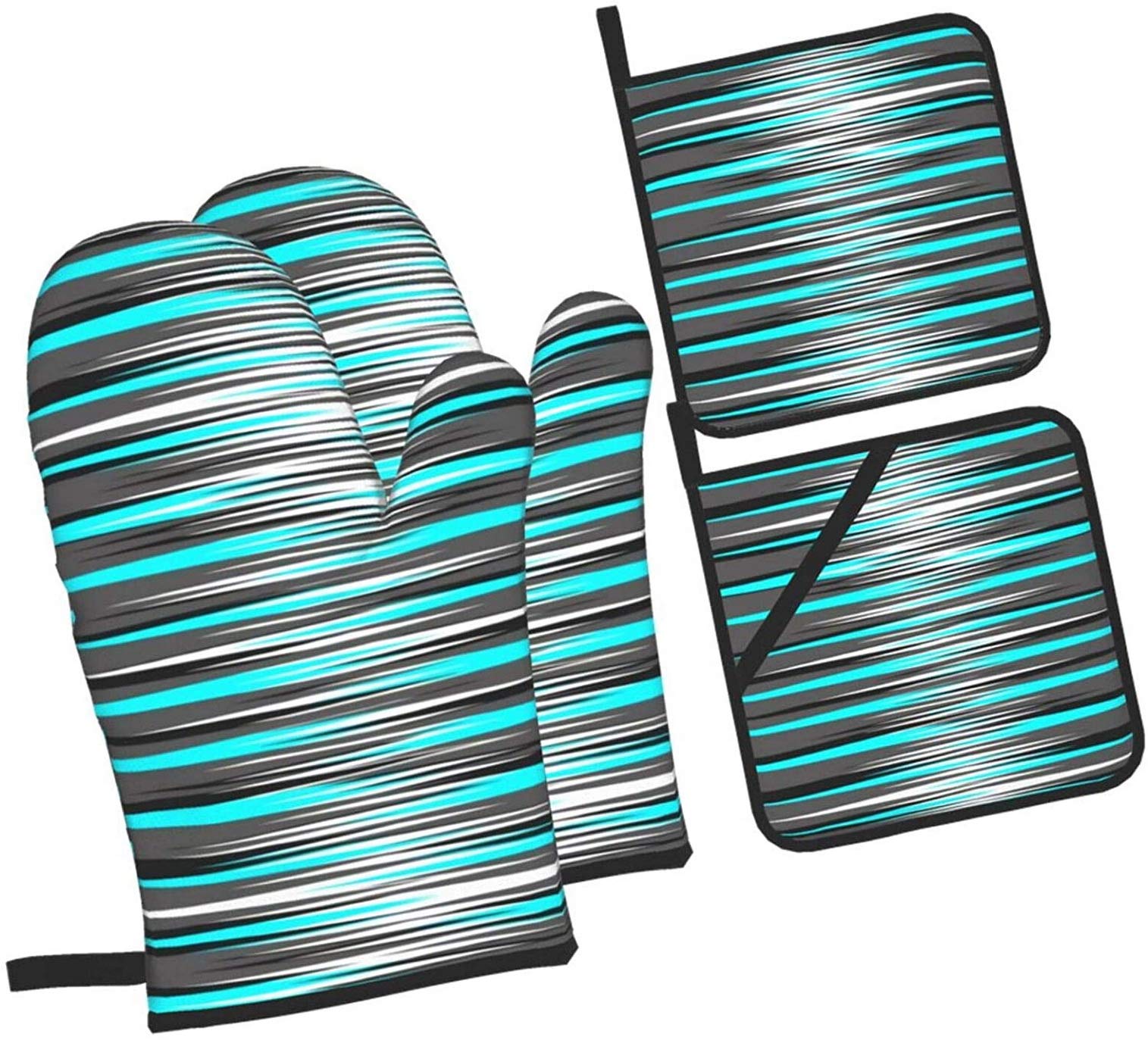 4-Piece Teal Grey White & Black Striped Oven Mitts and Pot Holders Set - Heat Resistant Kitchen Gloves with Non-Slip Hot Pads for BBQ, Baking, Cooking - Perfect for Grilling, Roasting, and Handling Hot Dishes
