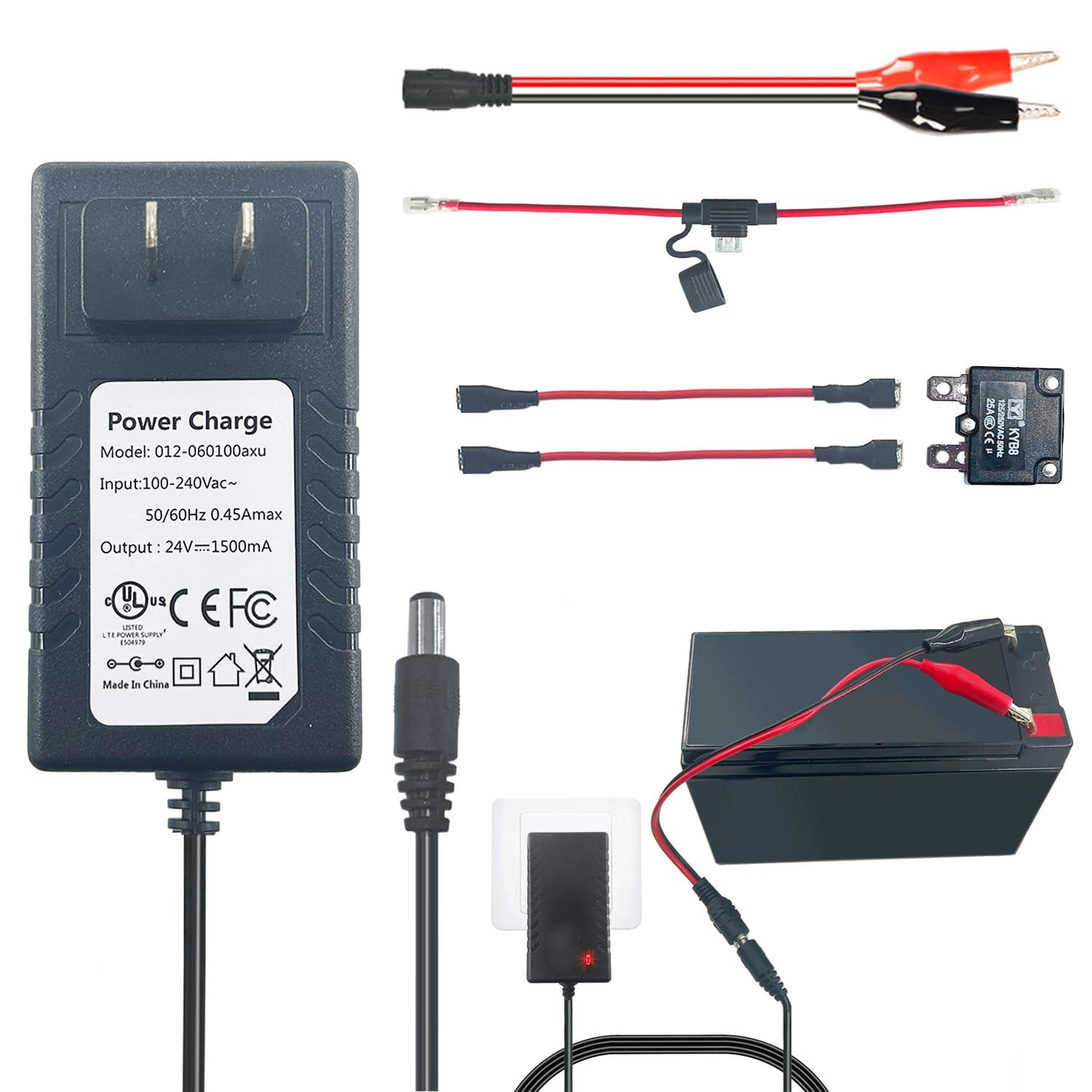 24V Universal Battery Charger for Ride-On Toys - Compatible with Power Wheels, Jeep, Tractor, Motorcycle & ATV - Includes Free Alligator Clips & 2 Fuses - Perfect for Kids Electric Cars, Outdoor Play Vehicles & Power Toys
