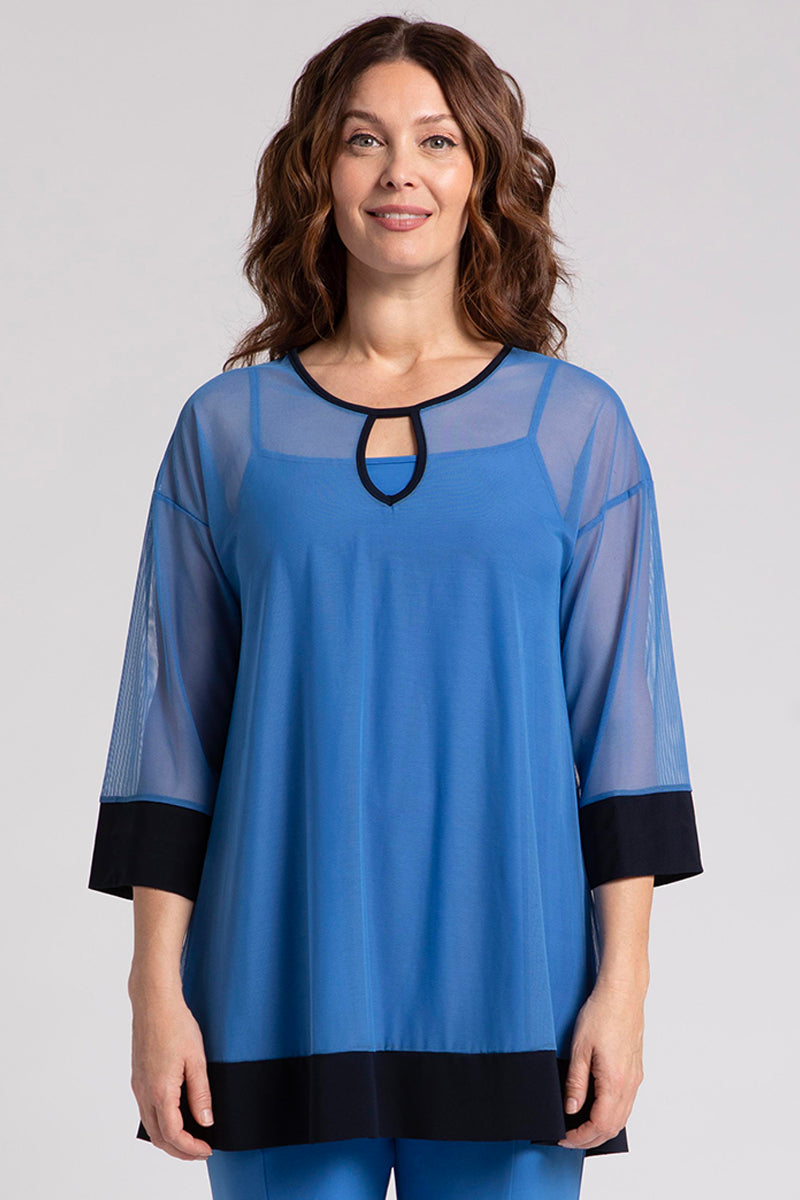 Mesh Keyhole Tunic Top - Women's Navy Blue Boho Chic Blouse for Summer Beach & Casual Outings