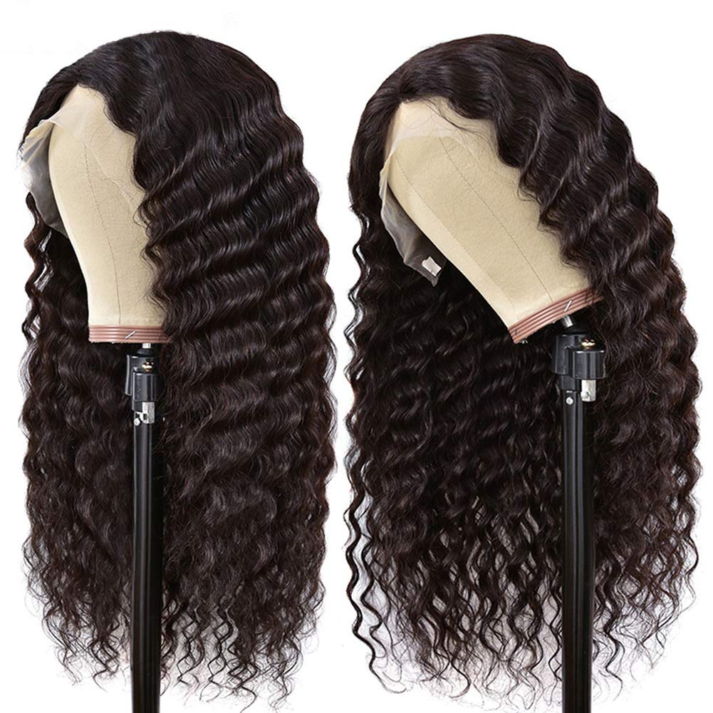 13x4 Deep Wave Lace Front Wig Human Hair - Pre Plucked Bleached Knots, Medium Cap, Natural Black Color | No Shedding 150% Density 12 Inch | Perfect for Daily Wear, Parties & Special Occasions