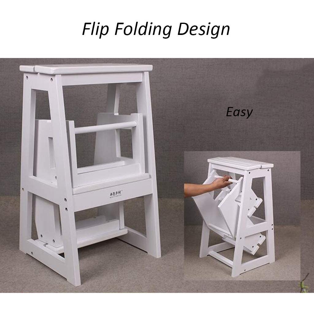 3-Step Foldable Wooden Kitchen Step Stool for Adults - Compact Ladder for High Beds, Shelves & Storage - White | Perfect for Home, Kitchen, Bathroom & Kids' Room