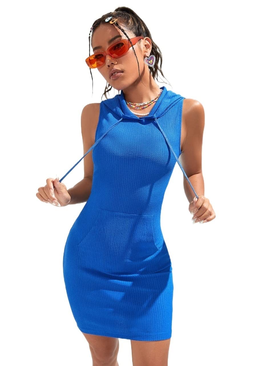 ZJUAN Women's Casual Hooded Dress with Pockets - Solid Blue, Large Size - Perfect for Everyday Wear, Work & Outdoor Activities