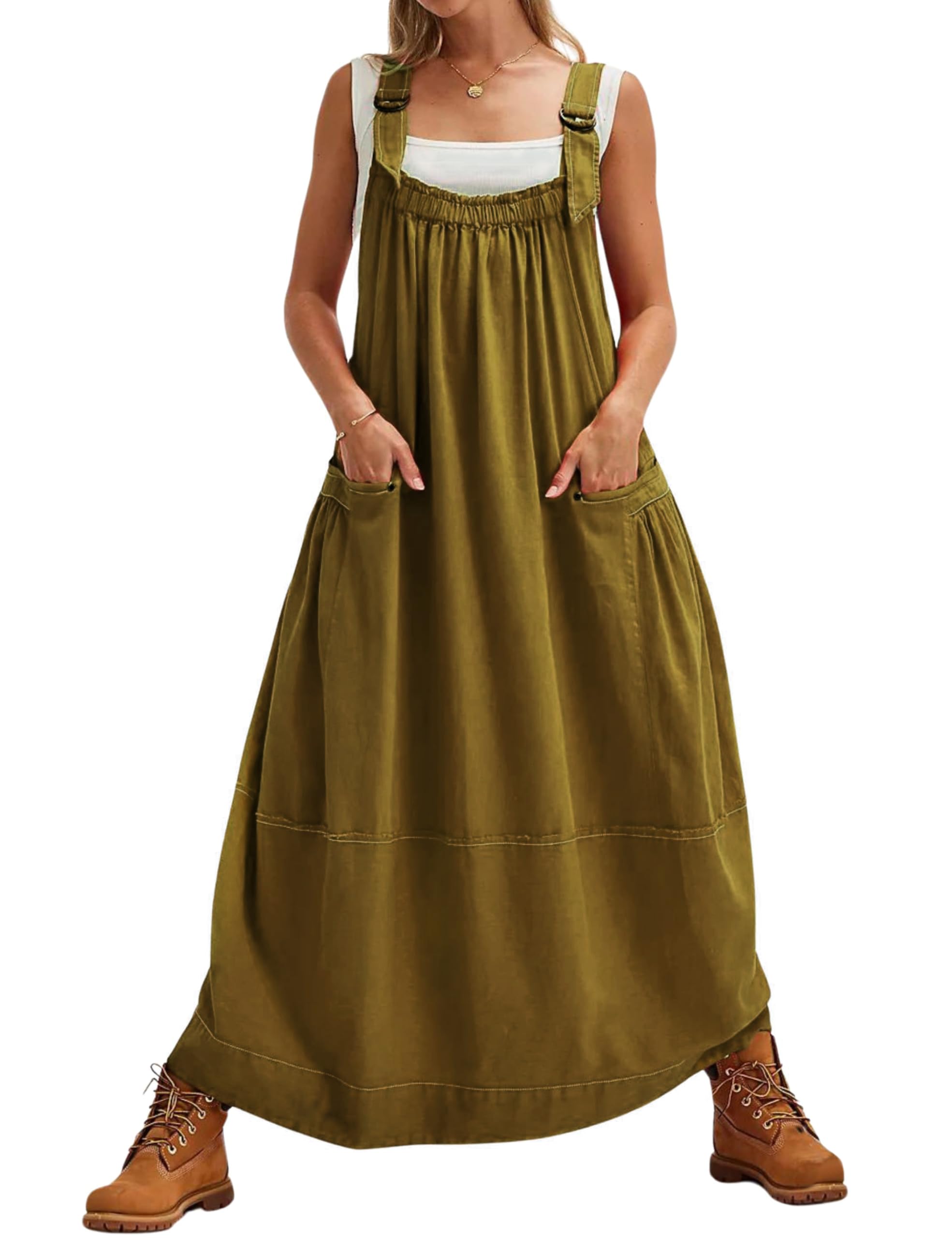 Hooever Women's Loose Fit Barrel Midi Dress with Adjustable Straps & Big Pockets - Army Green Long Maxi Dress Jumpsuit for Casual Outings, Beach Wear & Summer Fashion