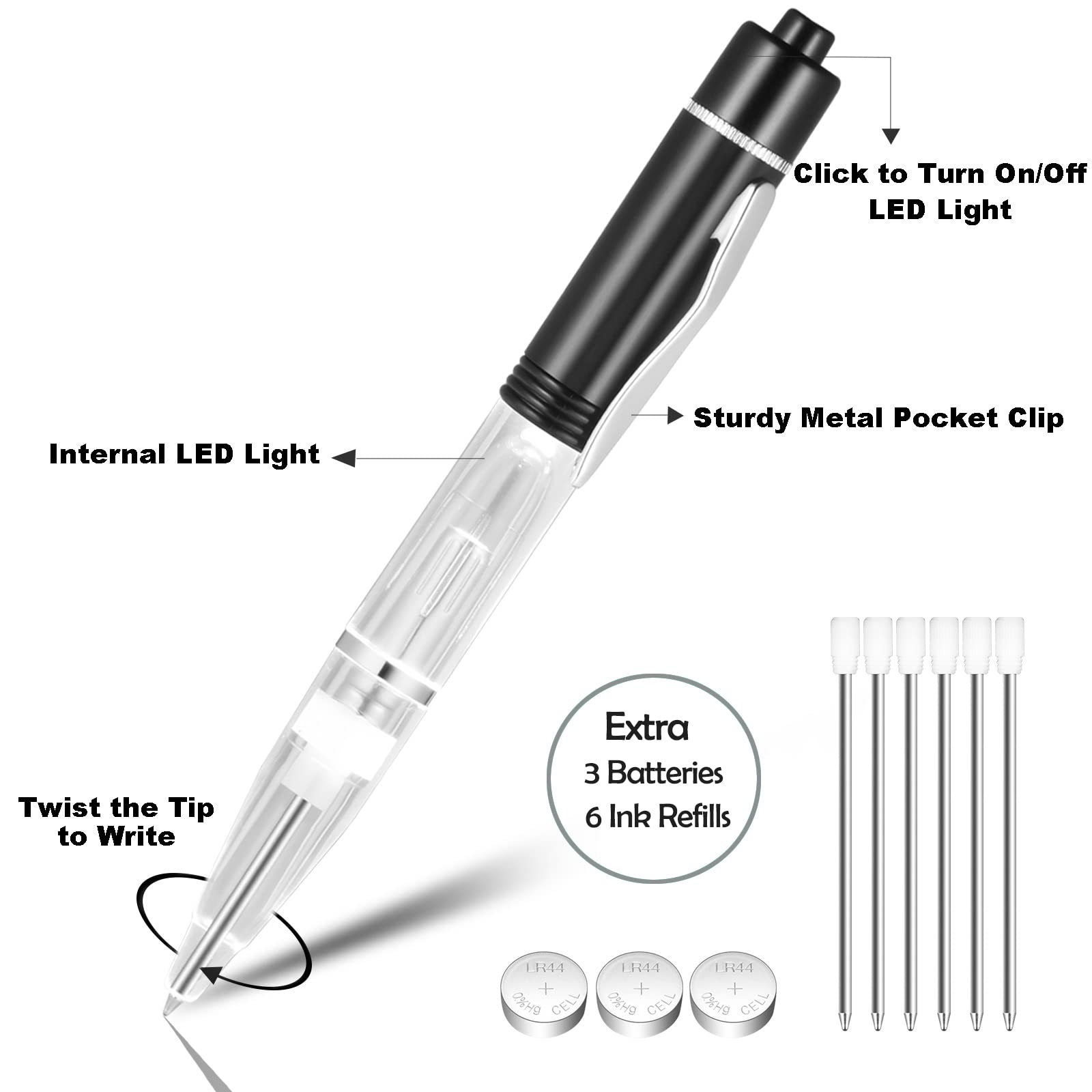 Glovion LED Light Pen - 3 Pack White Light Ballpoint Pens with Black Shell for Night Writing, Reading & Signing in Low Light Conditions