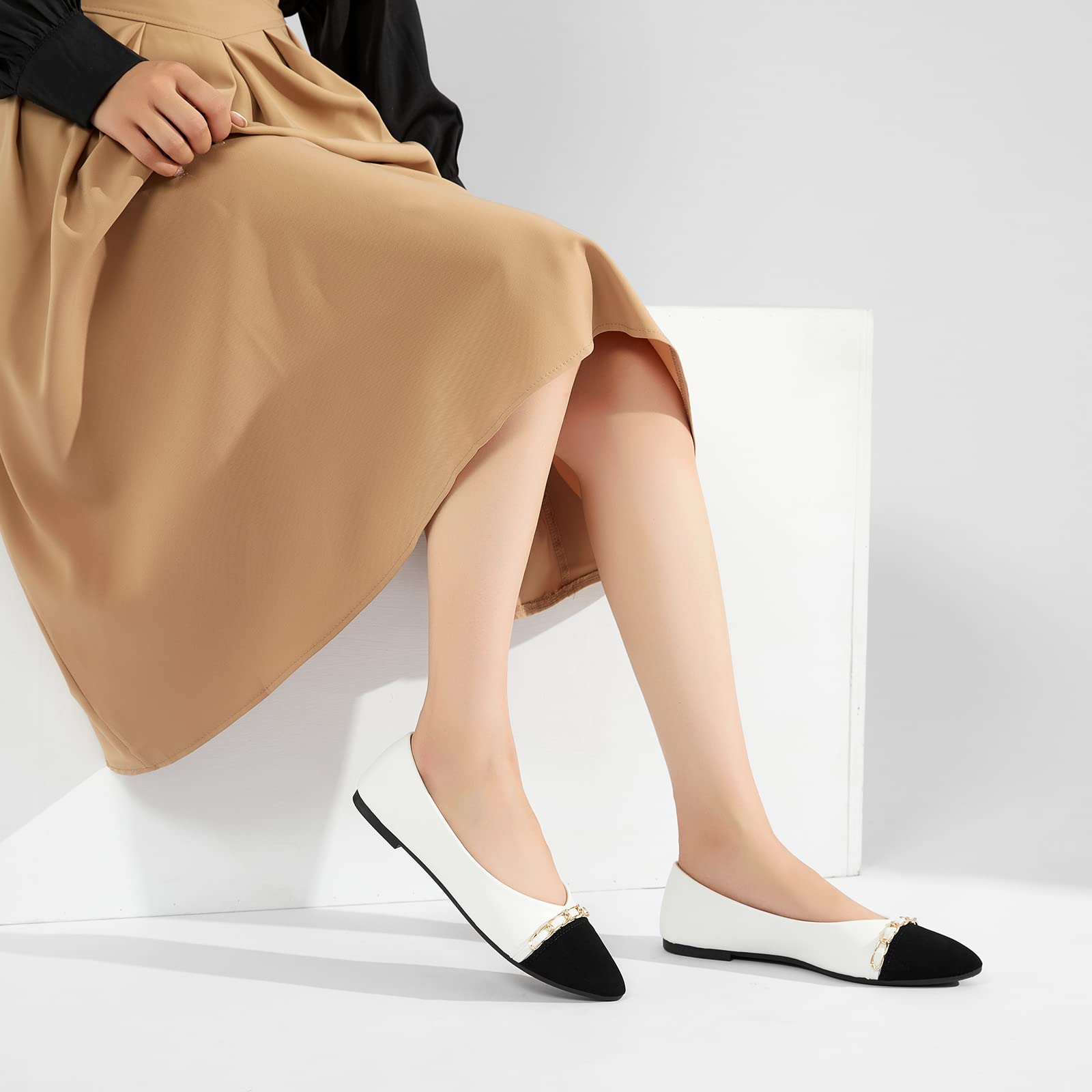 BABUDOG Women's PU Leather Flats - Black & White Pointed Toe Dress Shoes with Faux Suede Trim | Comfortable Office Work & Party Wear for Women