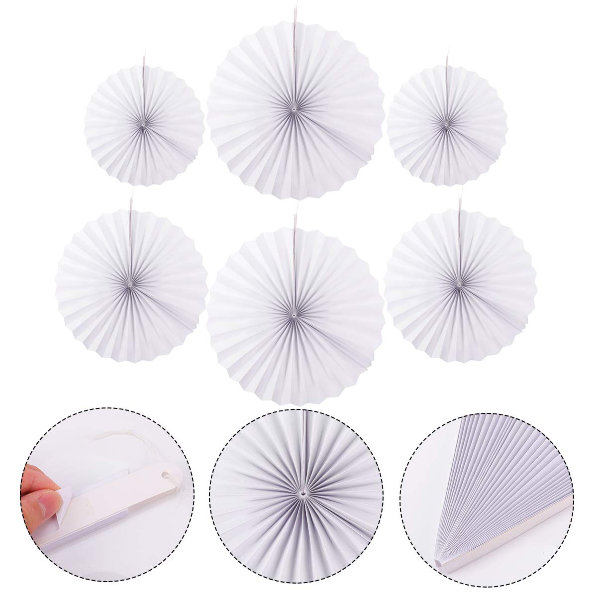 6Pcs White Hanging Paper Fans - Elegant Wedding & Party Decorations for Indoor/Outdoor Events, Birthday, Bridal Shower, and Home Decoration