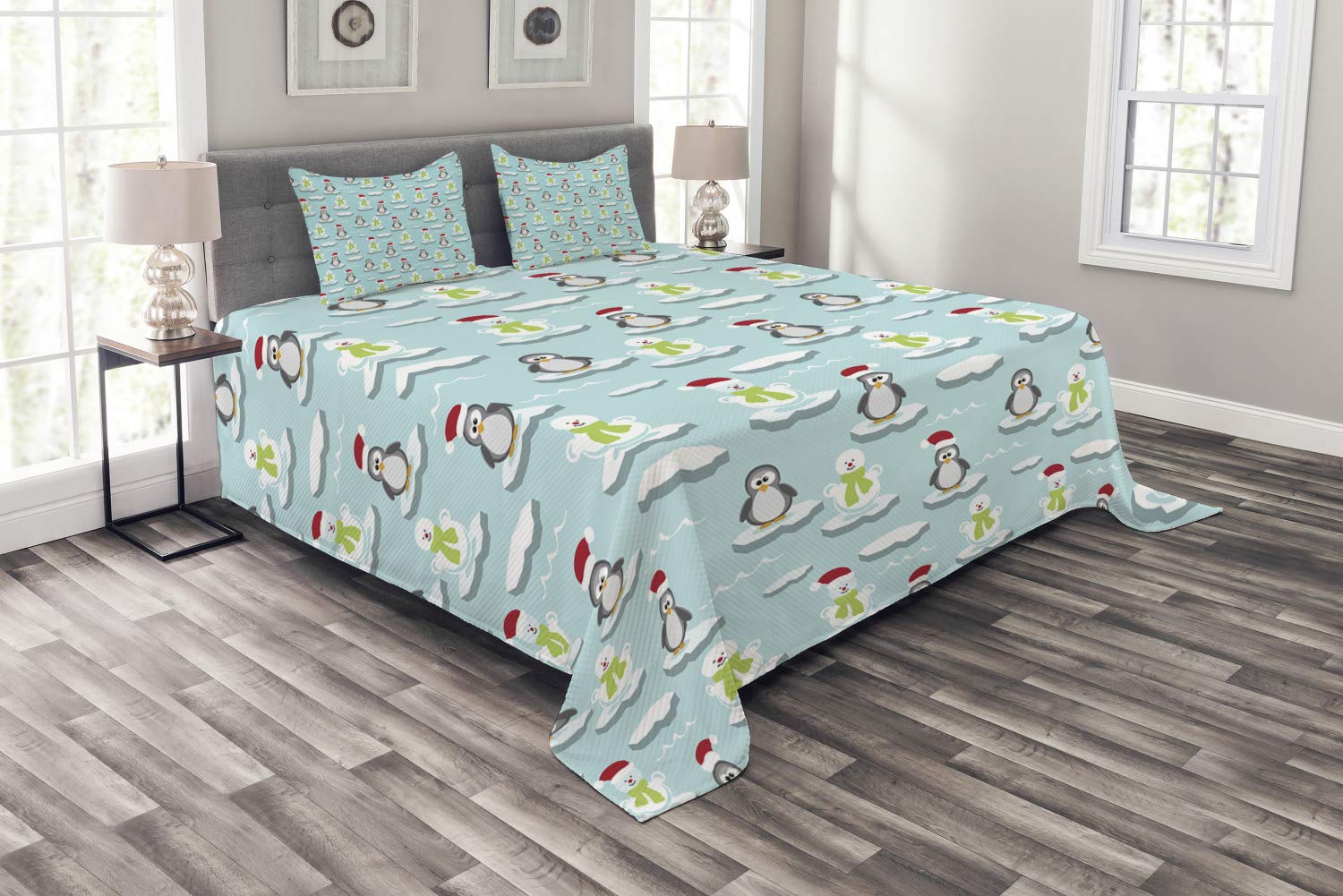 Ambesonne Funny Penguin & Snowman Bedspread Set - 3 Piece King Size Bedding with 2 Pillow Shams, Antarctica Cartoon Design, Multicolor Winter Theme - Perfect for Kids' Rooms, Themed Bedrooms & Cozy Winter Decor