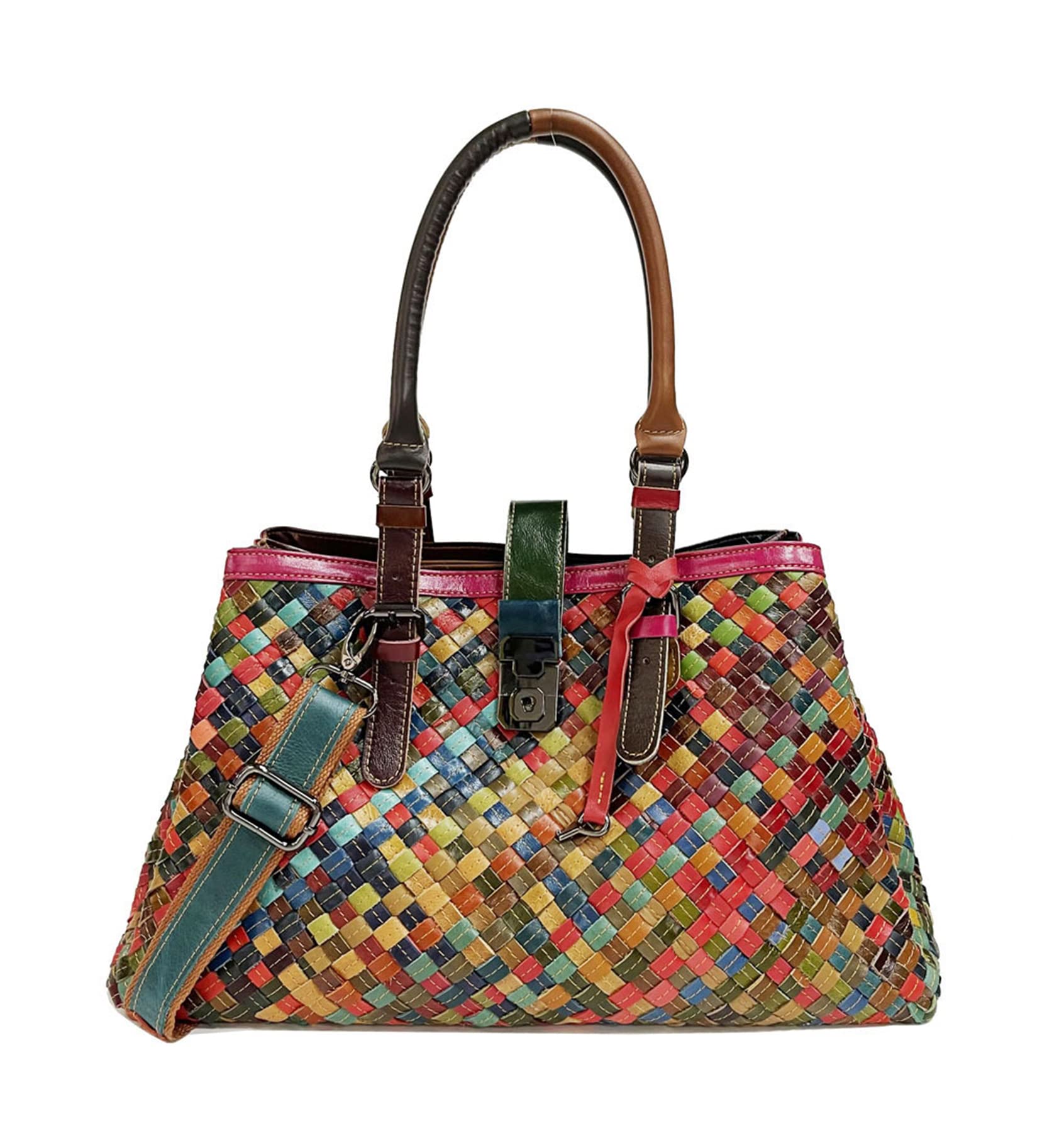 Women's Designer Genuine Leather Handbag - Multicolor Splicing Woven Satchel Purse with Top Handle, Shoulder Strap & Crossbody Option | Perfect for Work, Travel & Everyday Use
