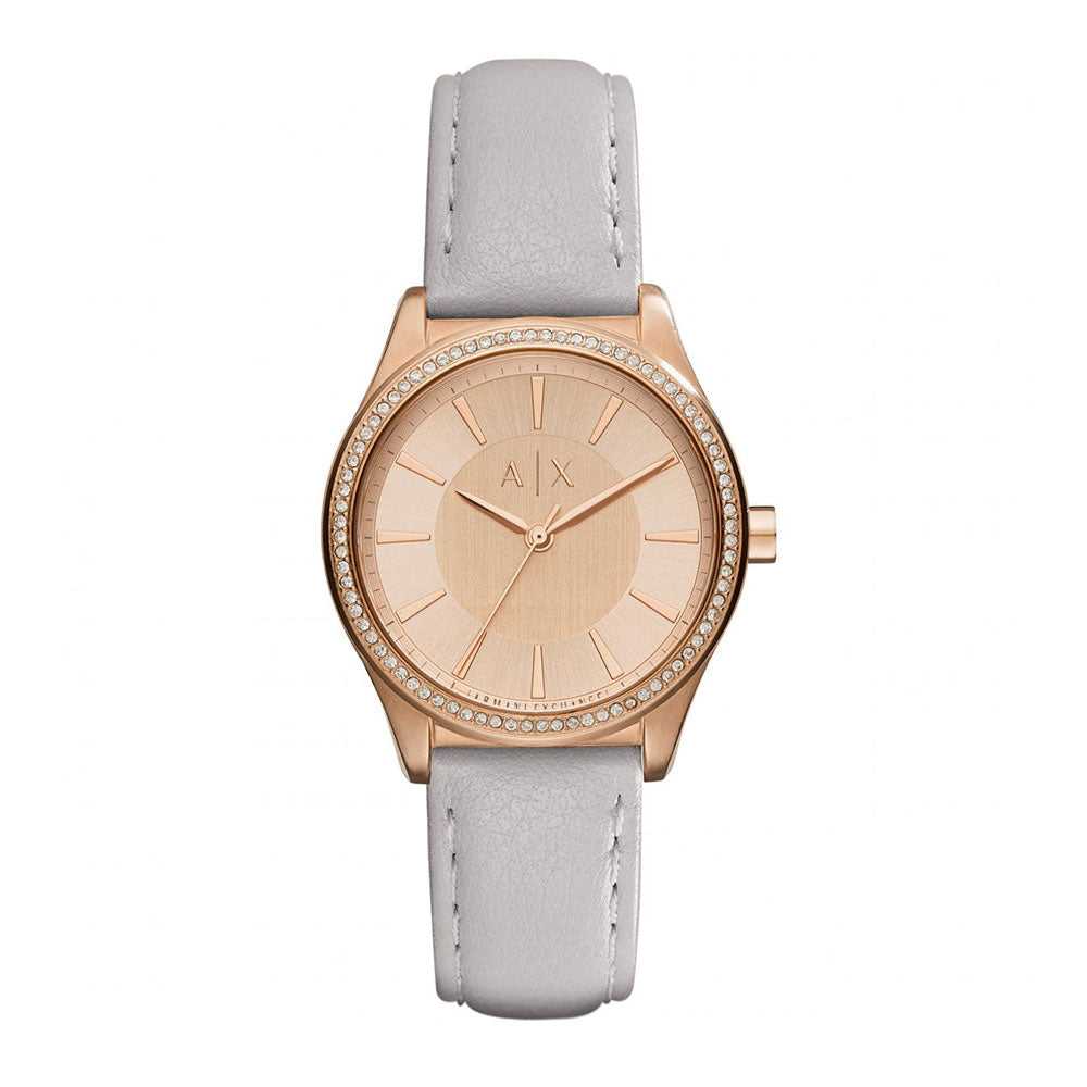 ARMANI EXCHANGE Women's Rose Gold Stainless Steel Watch with Grey Leather Strap - AX5444 Analog Quartz Watch for Women, Perfect for Office, Date Night & Special Occasions