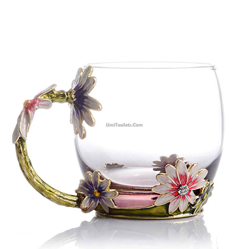 Vintage Floral Enamel Glass Tea Cup - Handmade Blooming Flower Design Tea Drinking Mug for Home, Office & Afternoon Tea Parties - Perfect Gift for Tea Lovers