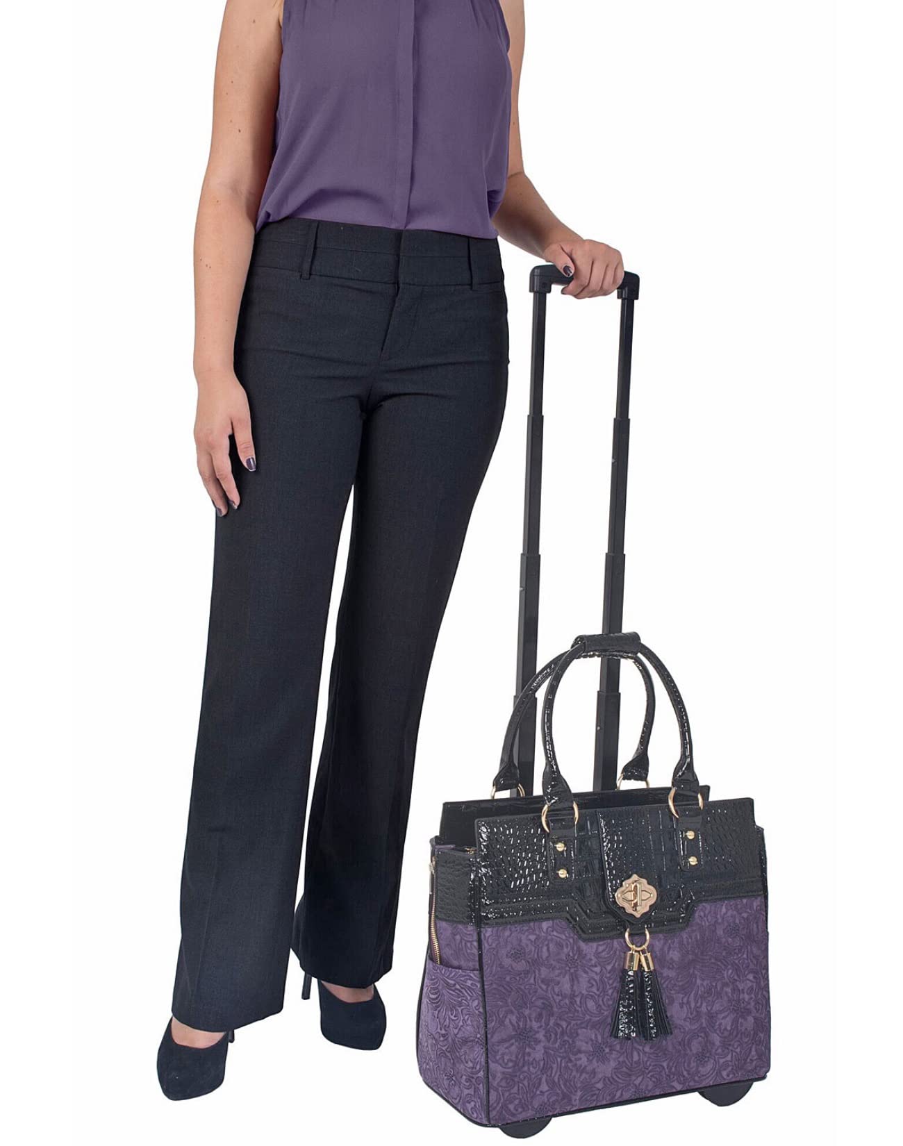 JKM & Company Alligator Print Rolling Tote Bag - Compatible with Laptop, iPad, Tablet - Business Briefcase & Travel Carryall for Professionals & Students - Perfect for Office, Commute & Business Trips