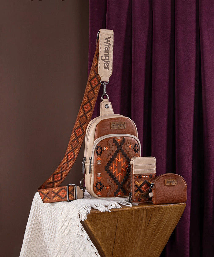Wrangler Aztec Embroidered Whipstitch Sling Bag - Stylish Crossbody Purse for Women, Men | Perfect for Travel, Hiking & Everyday Use