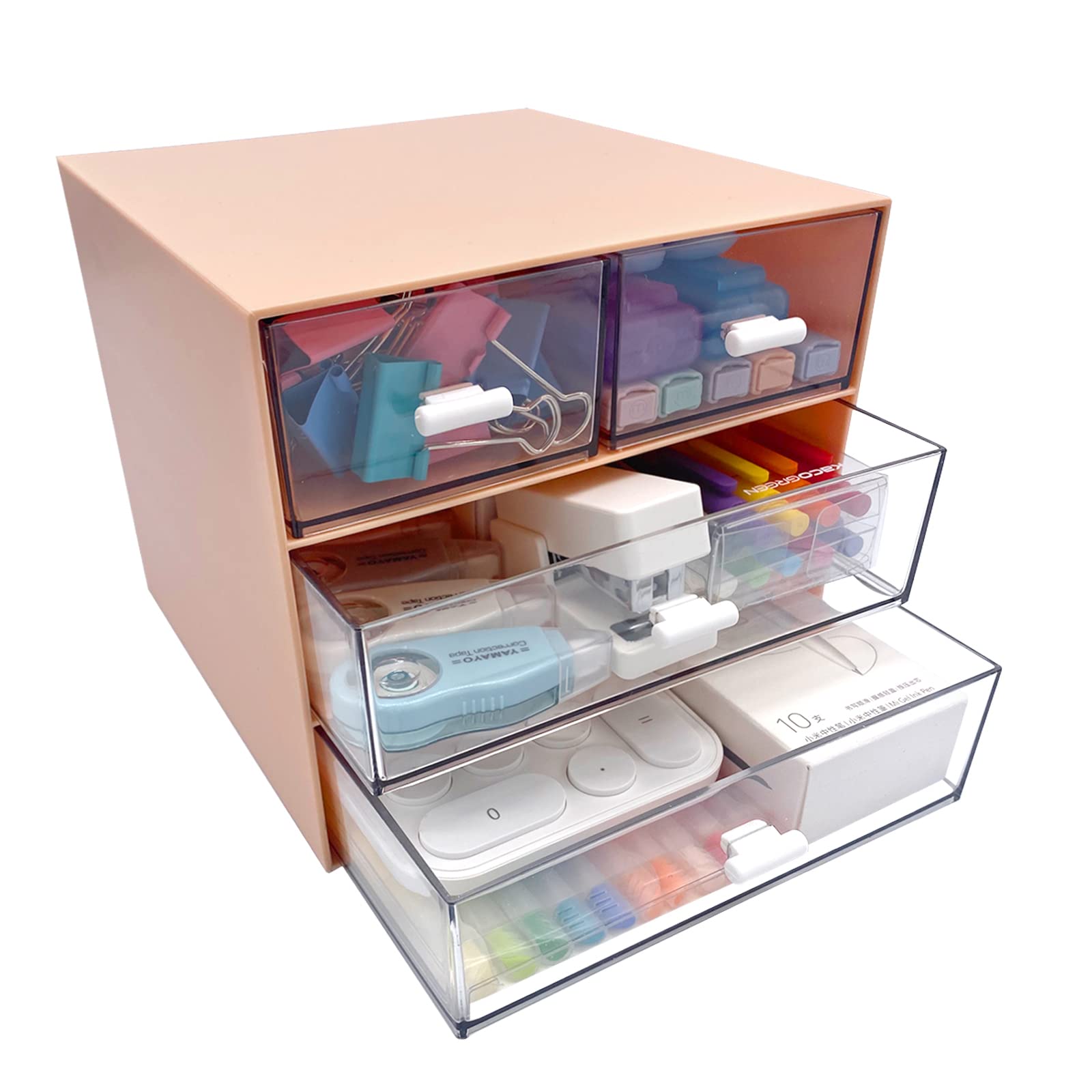 4-Drawer Makeup Organizer & Desk Storage Box - Pink Cosmetic Vanity Organizer for Bathroom Counter, Dresser or Bedroom - Sundries & Beauty Accessories Storage Solution (QBH-4CT-3)