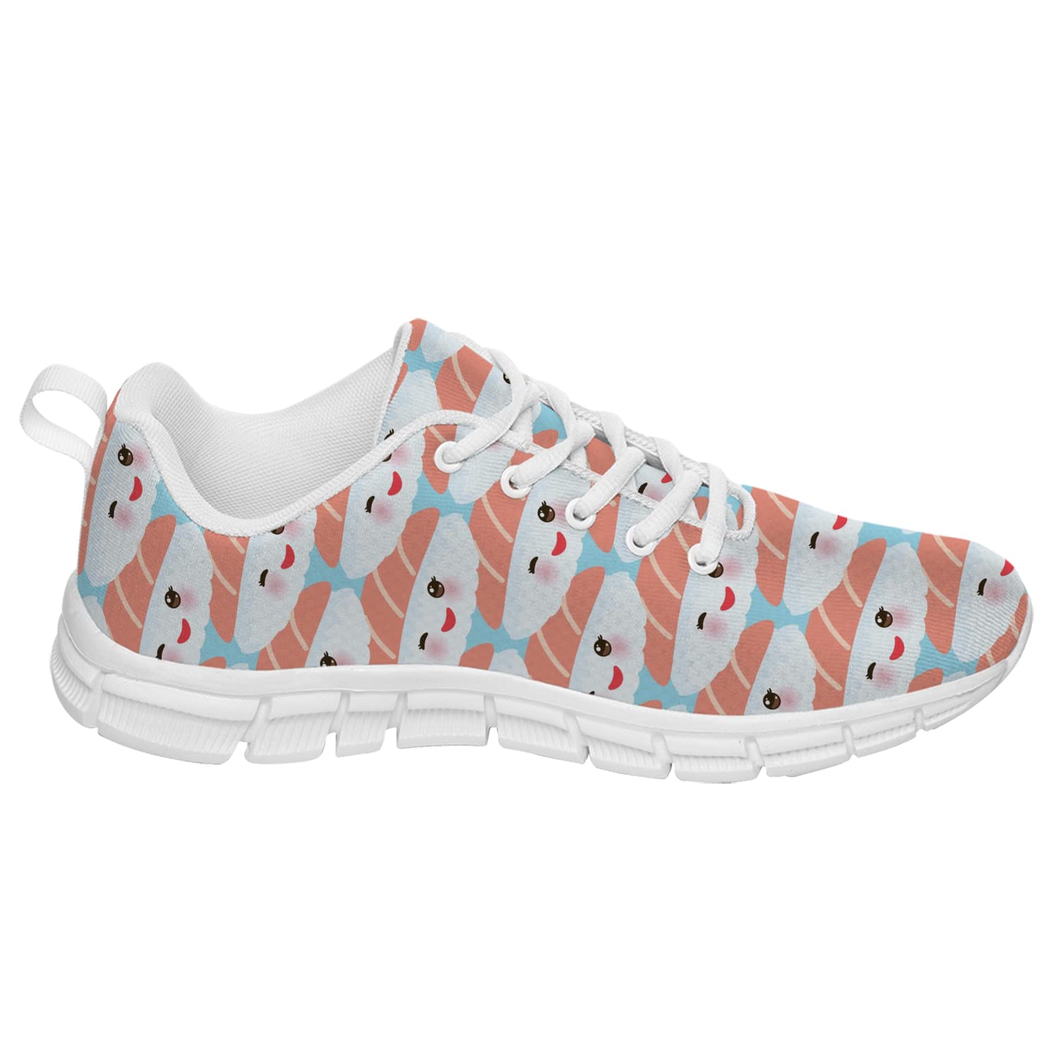 Japanese Sushi Themed Sneakers - Funny Maguro Toro Sushi Shoes for Men & Women - Comfortable Tennis Walking Shoes - Unisex Gifts for Boys, Girls & Adults - Men's Size 10.5, Women's Size 12 in White - Perfect for Cosplay, Anime Conventions & Foodie Fashion