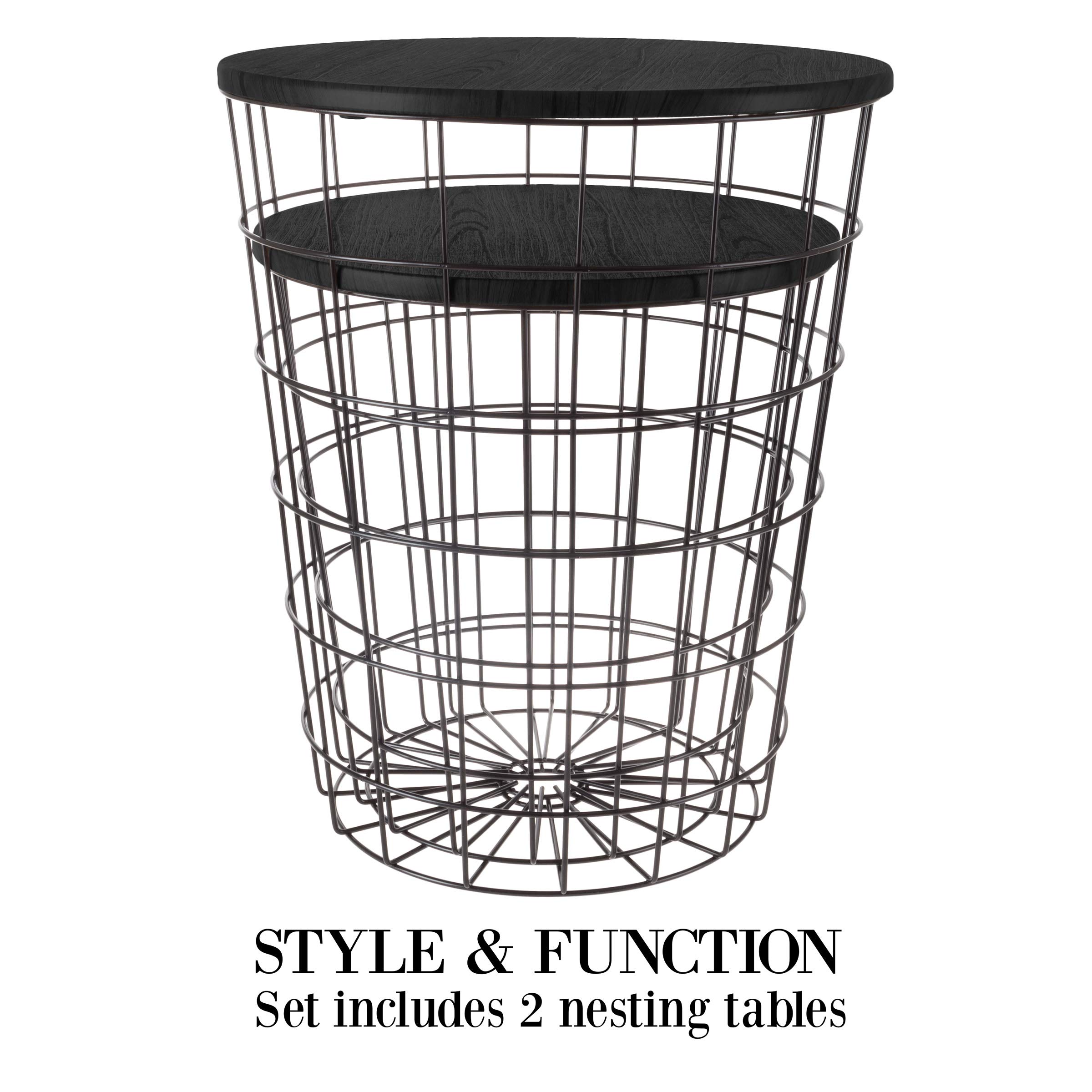 Lavish Home 2-Piece Round Nesting End Tables Set with Removable Wood Tops & Metal Basket Bases - Blanket Storage Side Tables for Living Room, Bedroom, Home Office - Perfect for Small Space Organization & Stylish Home Decor (Black)