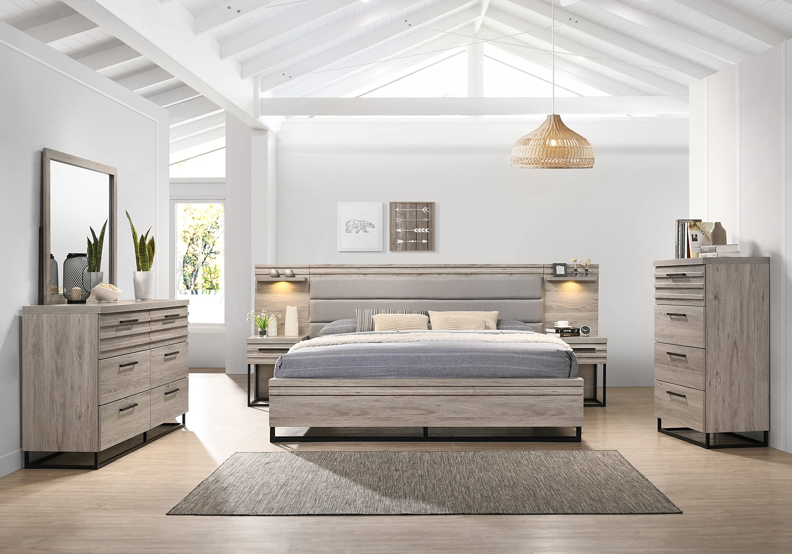 Roundhill Furniture Alvear Upholstered Wood Wallbed with White LED Lights, Dresser, Mirror, Chest & 2 Nightstands - King Size Murphy Bed for Small Spaces & Guest Rooms - Space Saving Bedroom Set with Storage & Modern Lighting