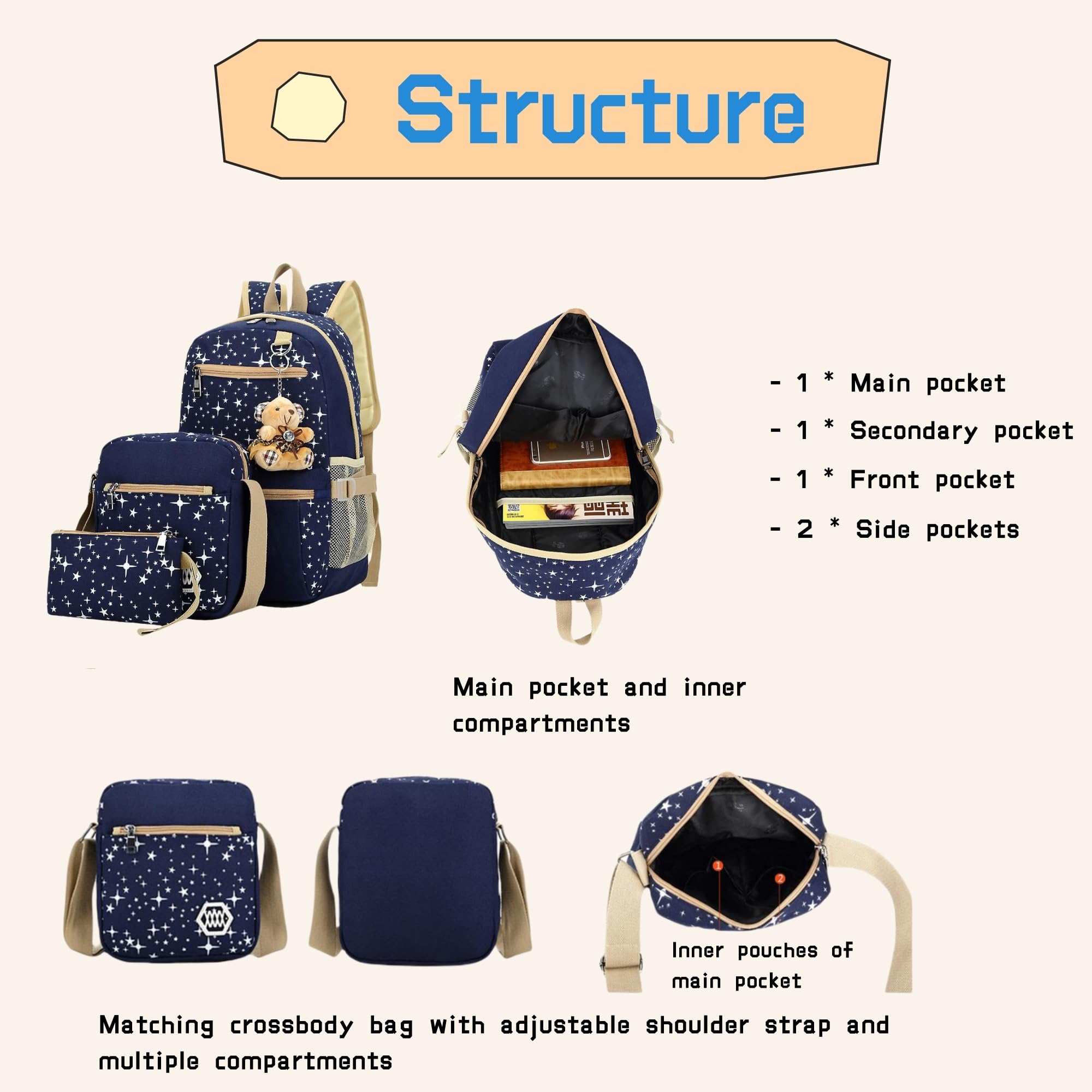 Star Print Girls Backpack Set for School - 3 Piece Teenage Girls Bookbag with Crossbody Bag | Cute School Supplies for Teens, College, Travel & Daily Use