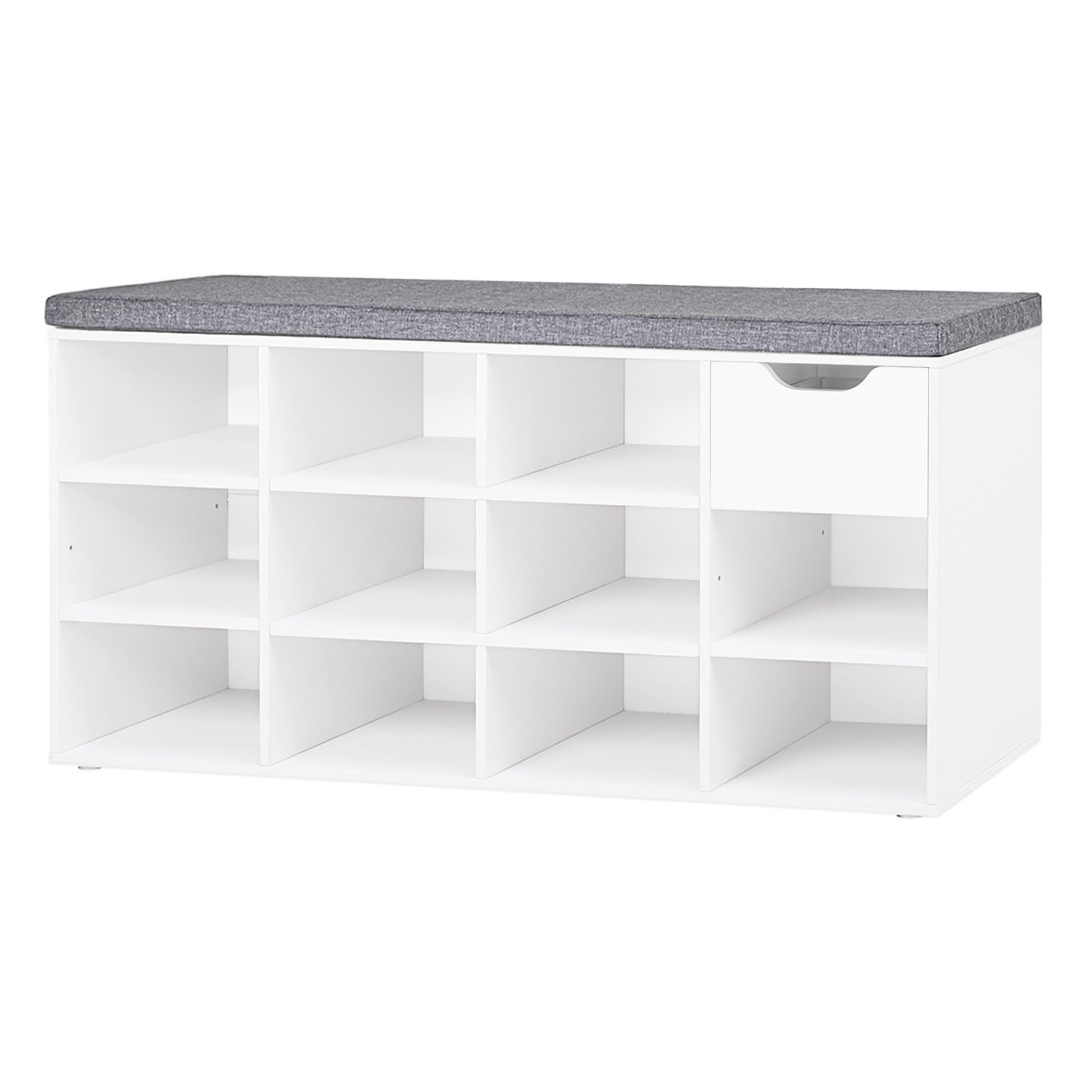 DINZI LVJ Shoe Bench with Drawer & 11 Cubbies - Adjustable Shelves Shoe Organizer Cabinet for Entryway, Living Room, Bedroom, Mudroom, Closet & Garage - White - Perfect for Small Space Organization & Shoe Storage Solutions