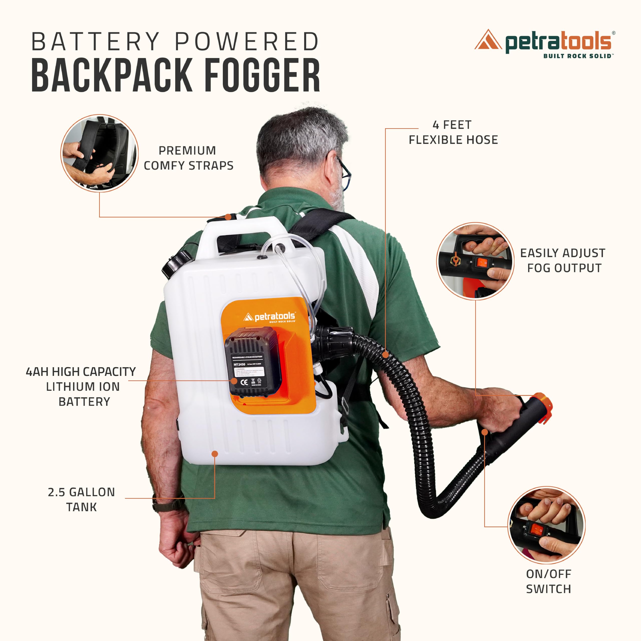 PetraTools 2.6 Gallon Battery Backpack Fogger Machine | ULV Mosquito & Insect Sprayer for Pest Control | Commercial Hose Sprayer with Padded Shoulder Straps | Ideal for Lawn Care, Farm Spraying & Outdoor Disinfection