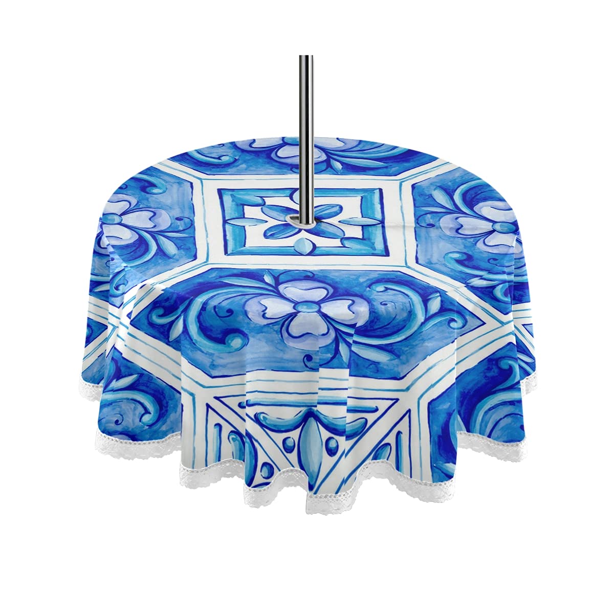 60 Inch Round Portuguese Tile Pattern Tablecloth with Umbrella Hole & Zipper - Waterproof Outdoor Patio Table Cover for Garden, Cafe, Party & Picnic - Durable Holiday Catering Decor for Home & Commercial Use