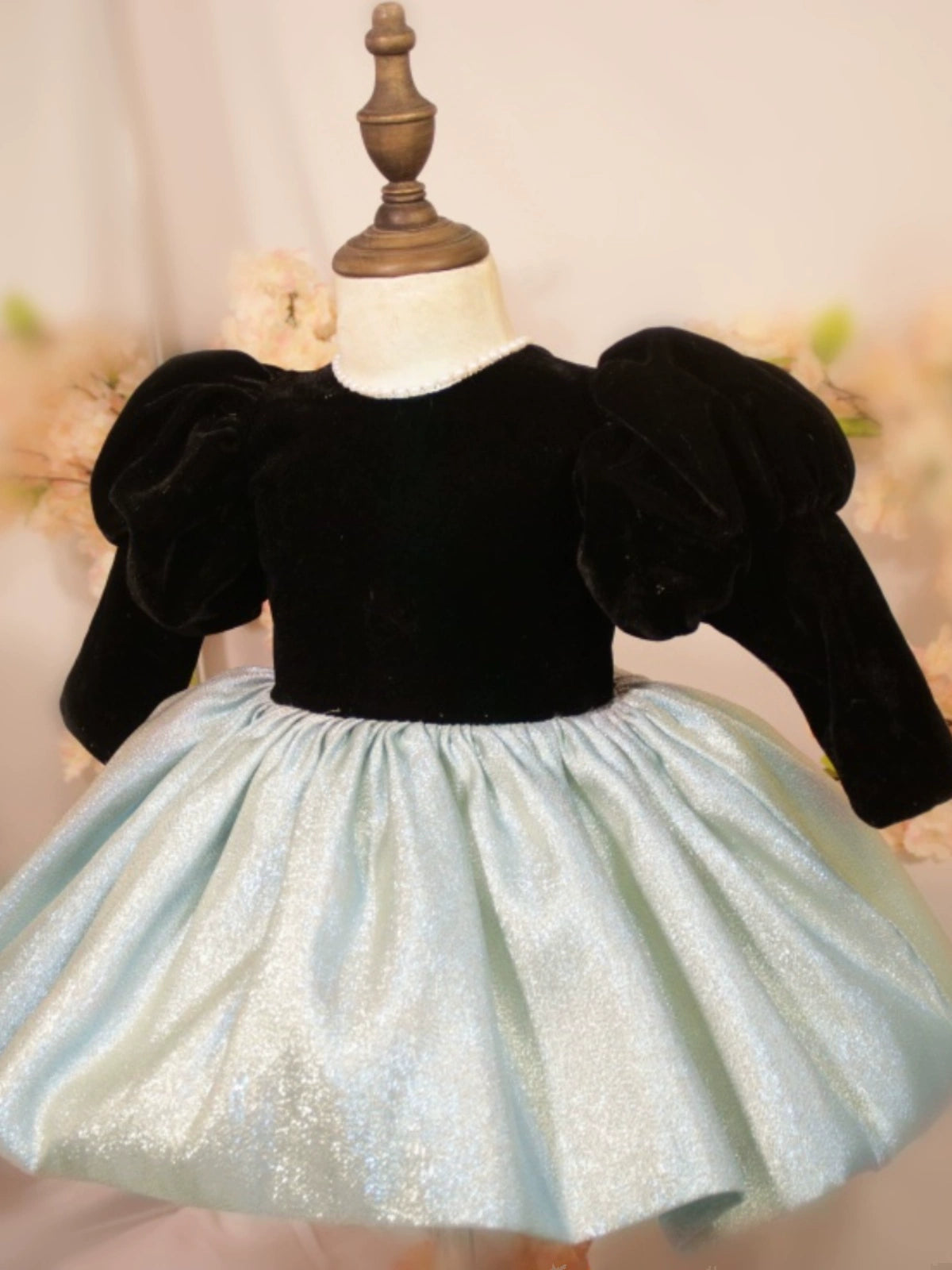 Black Princess Round Tea Length Satin Flower Girl Dress for Weddings, Birthday Parties & Special Occasions