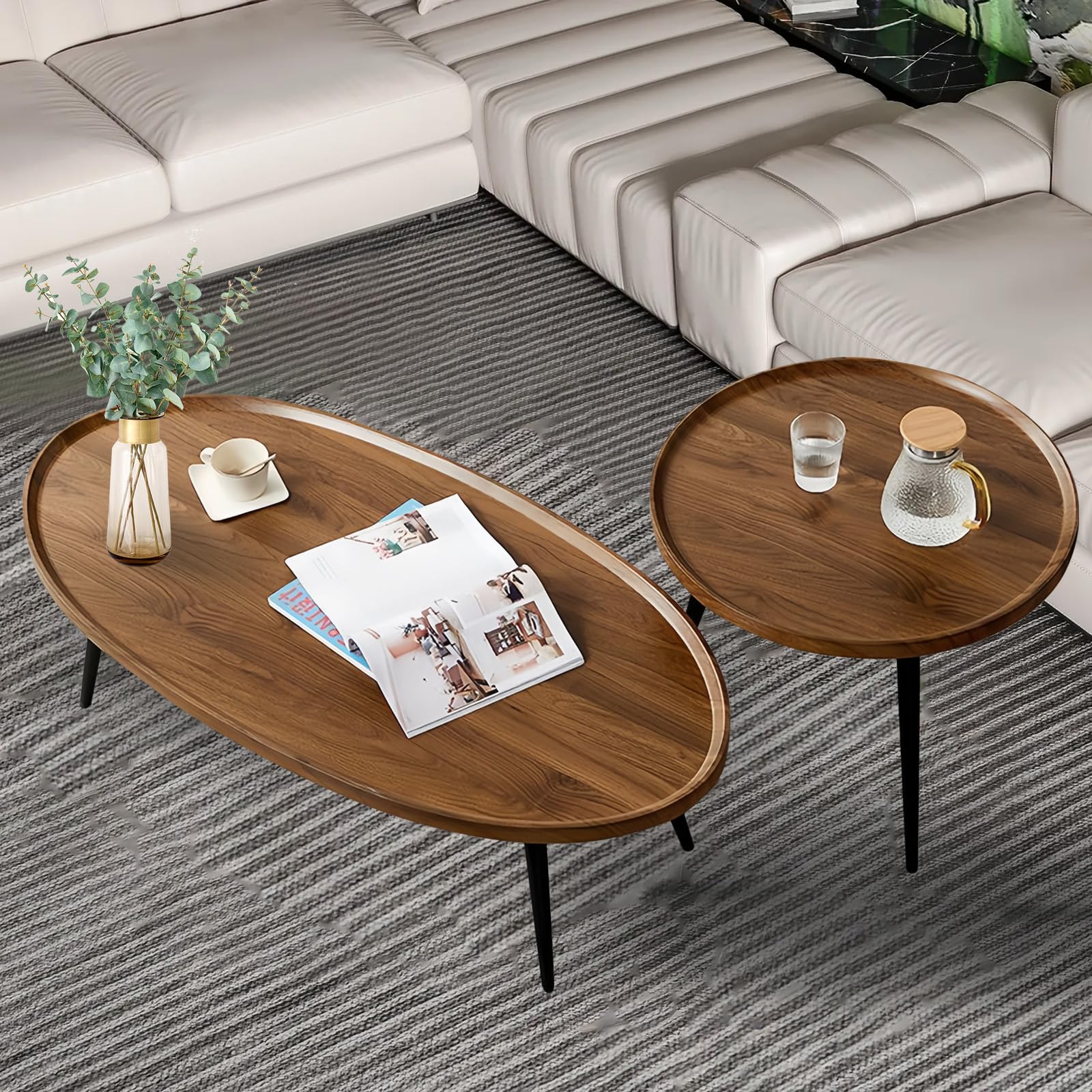 Modern Oval Nesting Coffee Table Set of 2 with Wood Legs - Walnut Finish Living Room, Bedroom & Office Accent Tables (31.5”+19.6”) - Perfect for Small Spaces, Conversation Areas & Home Decor