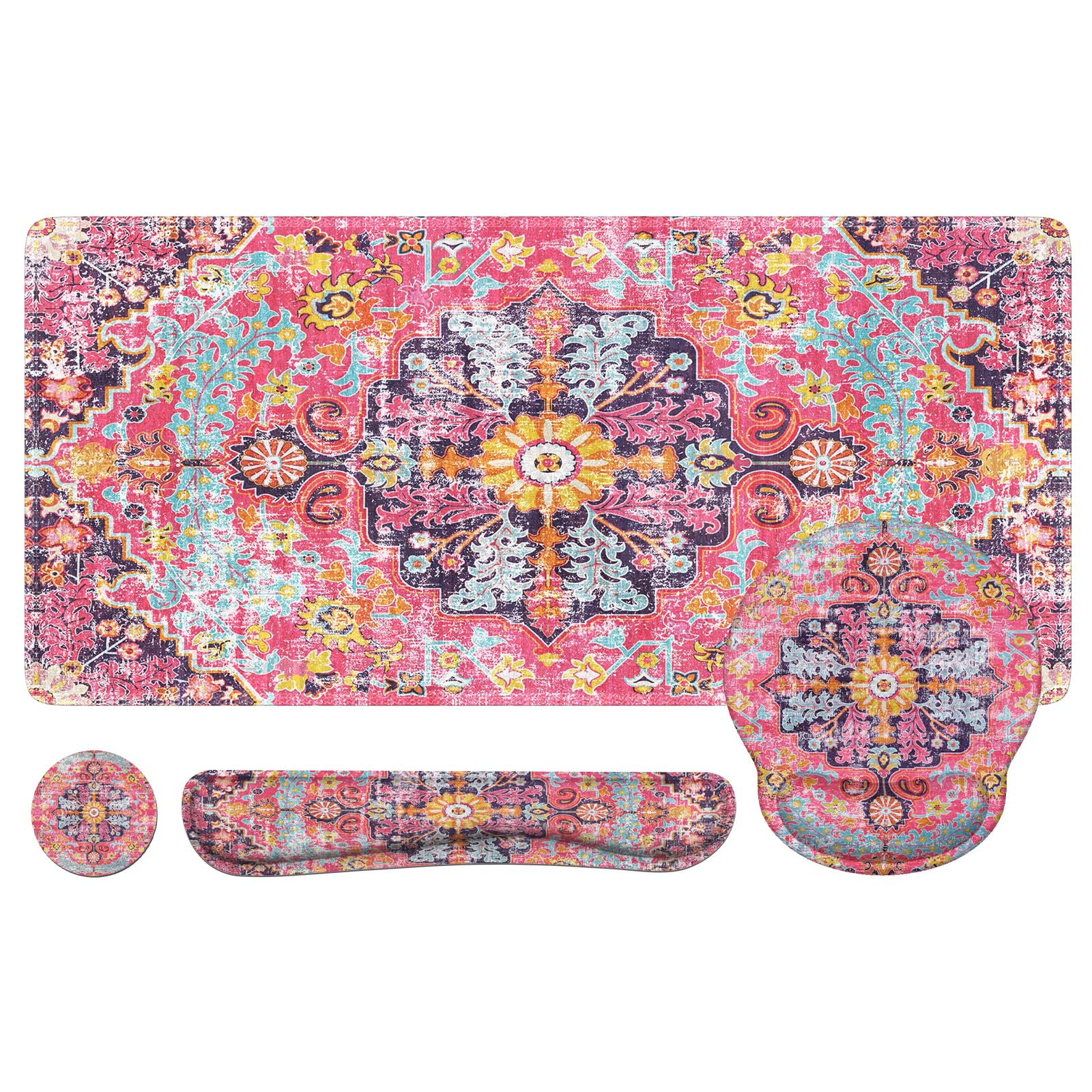 iLeadon 4-in-1 Boho Mouse Pad Set with Wrist Rest - Large Desk Mat, Keyboard Pad & Coaster - Ergonomic Computer Accessories for Home Office - Fuchsia Rug Design (Perfect for Workstations, Gaming & Productivity)