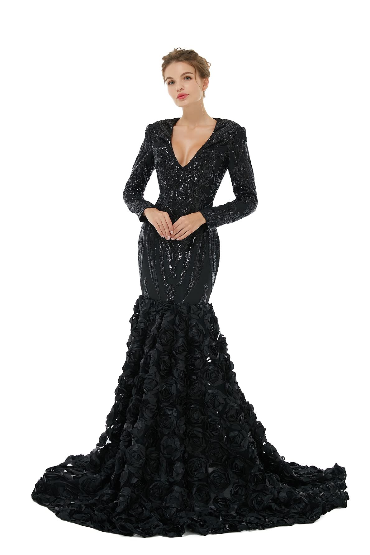 Elegant Women's Sequined Long Sleeve V-Neck Mermaid Evening Dress for Prom, Party, Pageant & Celebrity Events - Rose Floral Gown for Special Occasions
