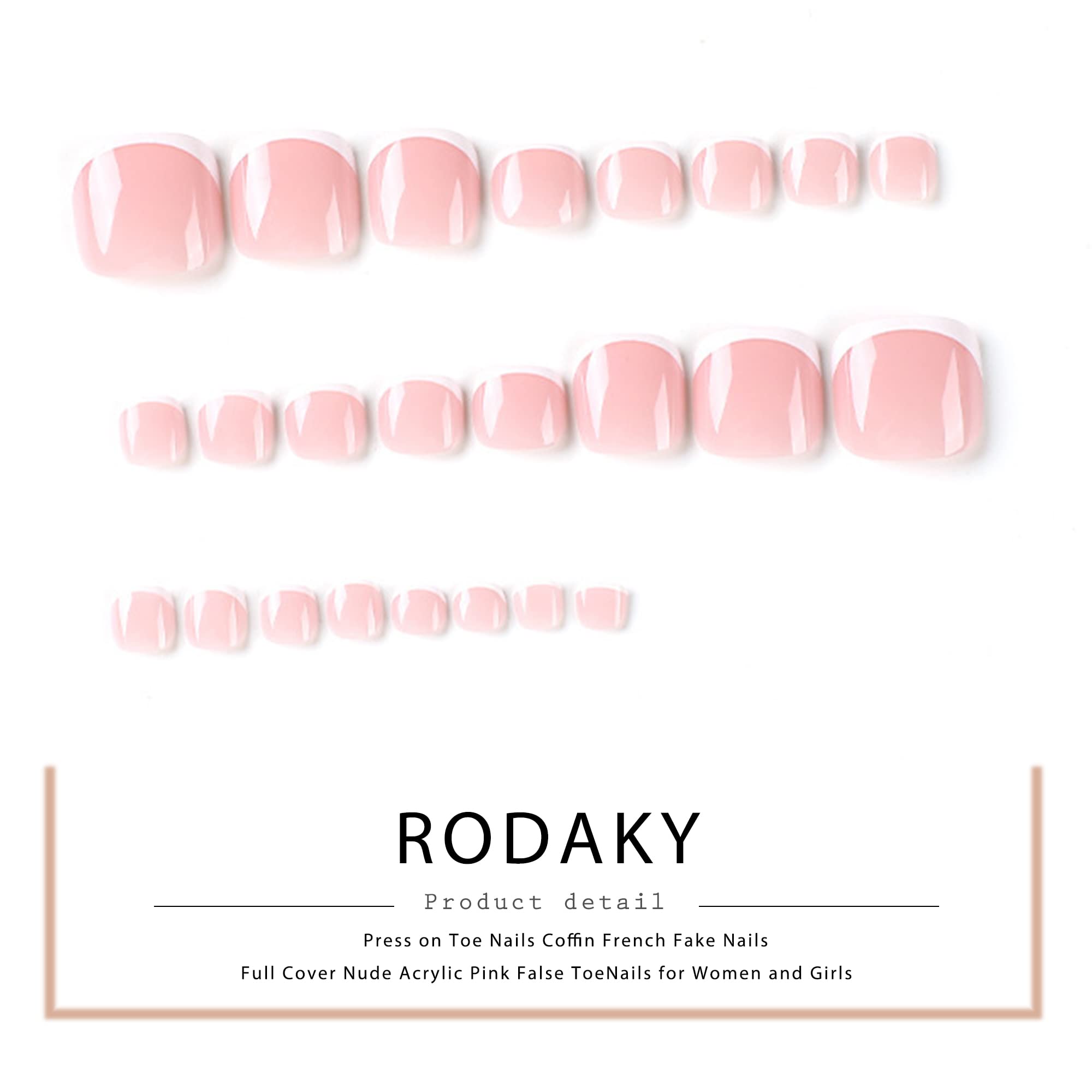 RODAKY 24PCS Short Square Press on Toenails - Pink French Tip Acrylic False Nails with Glue, Full Cover Artificial Toe Nails for Women & Girls - Perfect for Summer Beach, Pedicures & Nail Art