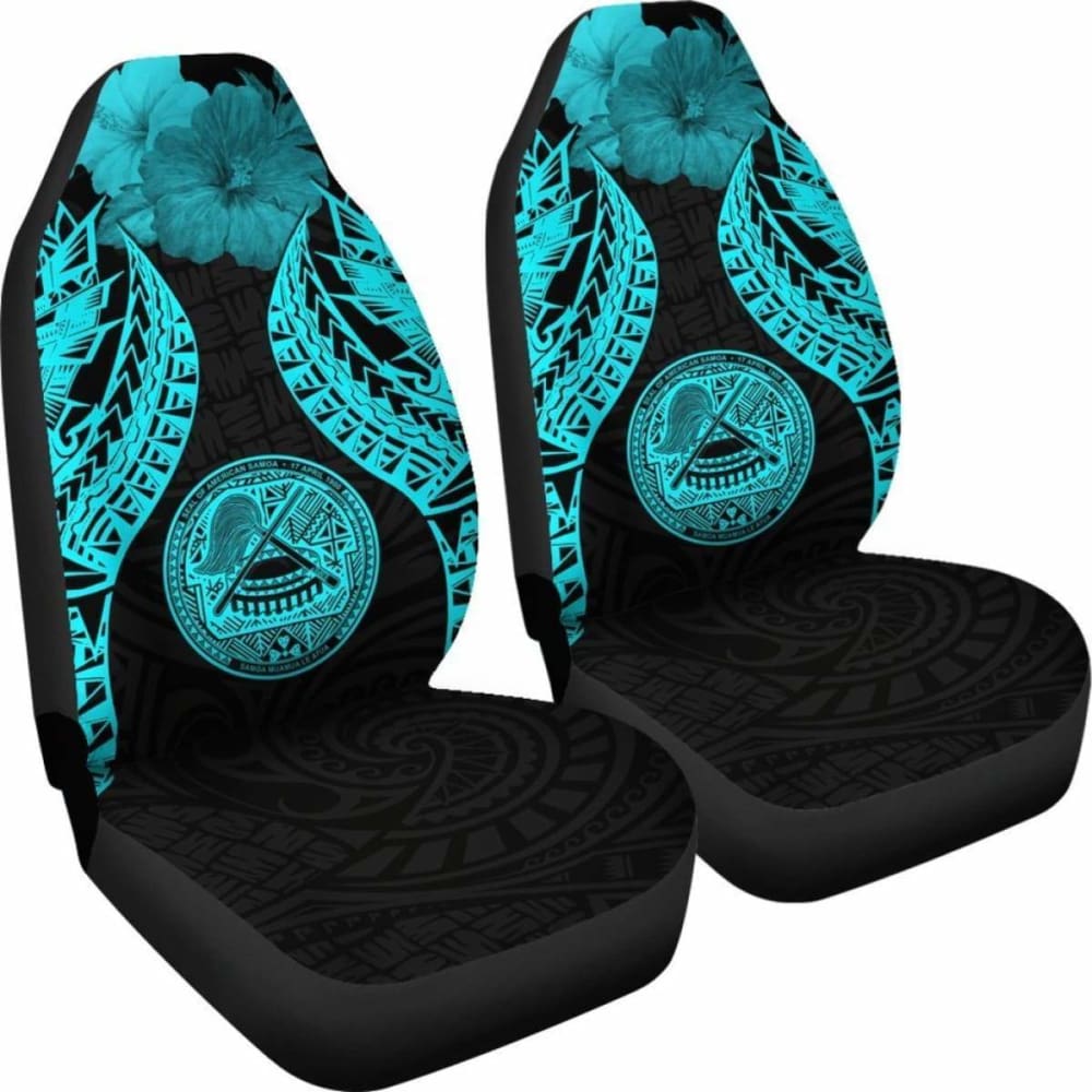 Premium American Samoa Polynesian Car Seat Covers - Pride Seal & Hibiscus Design in Vibrant Neon Blue | Durable Protection for Cars, Trucks & SUVs