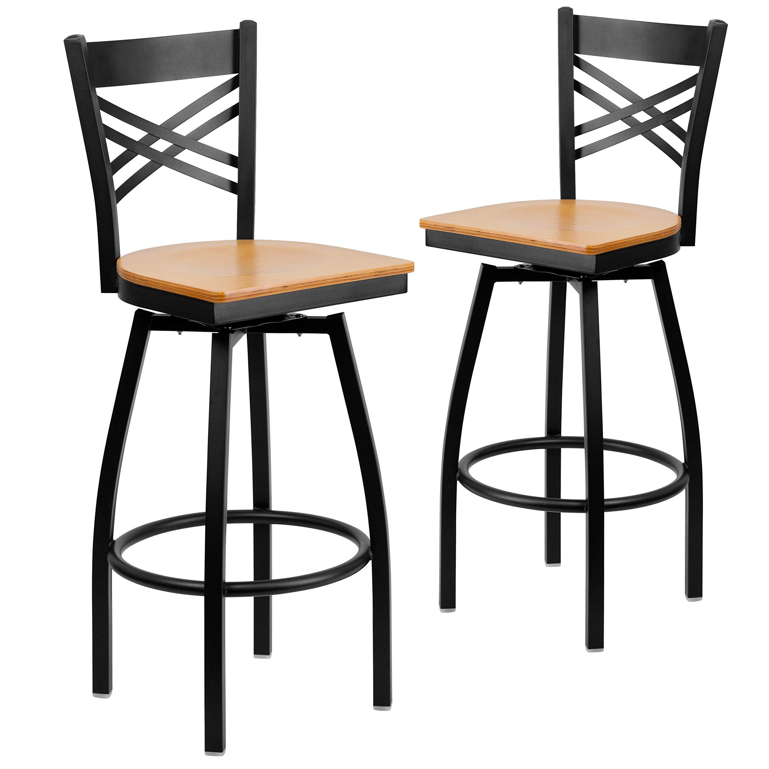 2 Pack Black X-Back Swivel Metal Bar Stools with Natural Wood Seat - Perfect for Kitchen Island, Dining Room, and Home Bar Decor