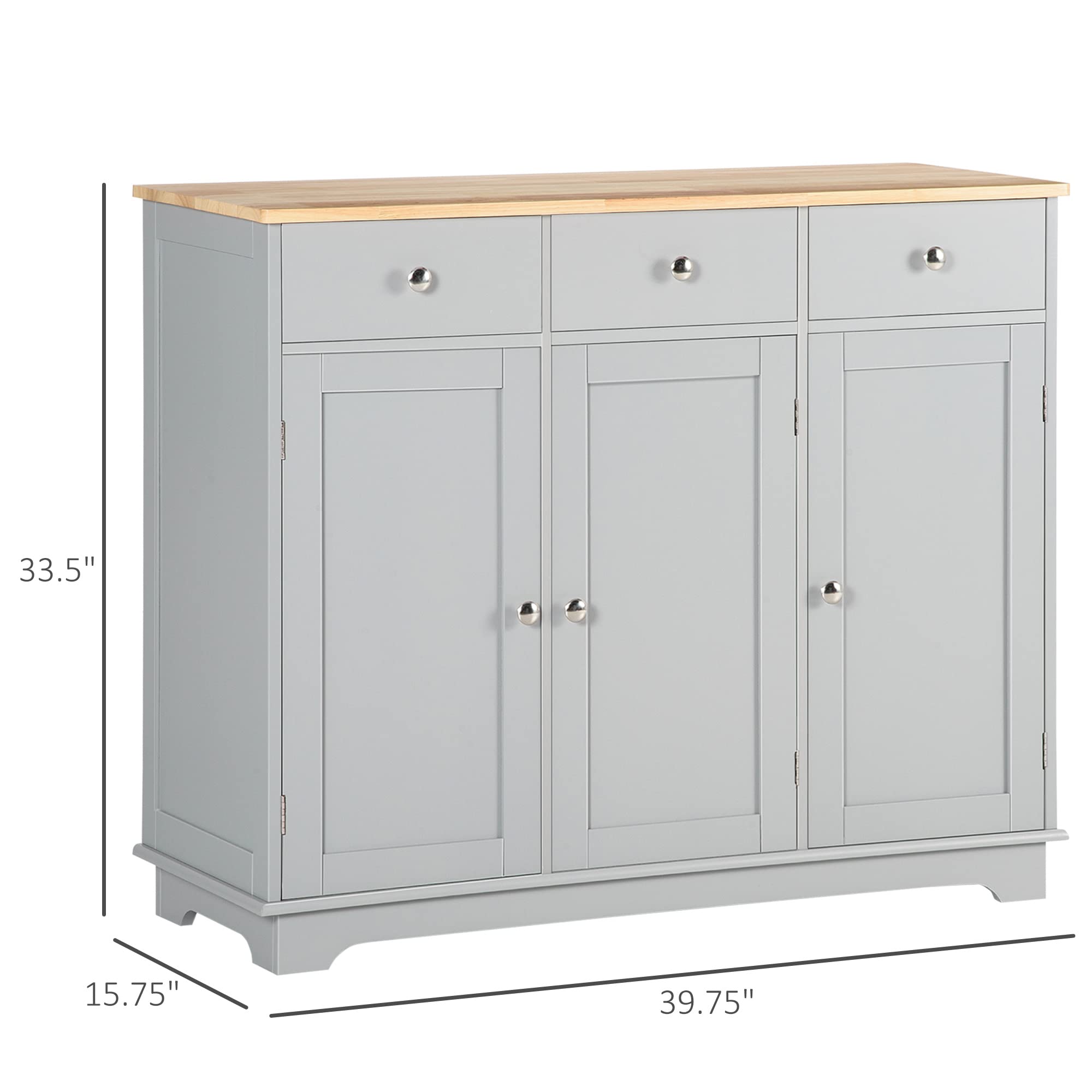 HOMCOM Modern Sideboard with Solid Wood Countertop - Kitchen Storage Cabinet & Coffee Bar with 3 Drawers, Doors & Adjustable Shelf - Gray - Perfect for Dining Room, Living Room & Home Office Organization