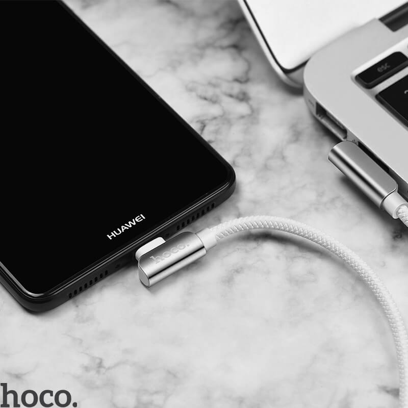 HOCO 1.2M Dual Elbow USB A to USB C Fast Charging Cable (2.4A) | U42 Premium Steel Angled L-Shaped Data Sync Cable for Smartphones, Tablets, Laptops | Perfect for Home, Office, Car & Travel Charging