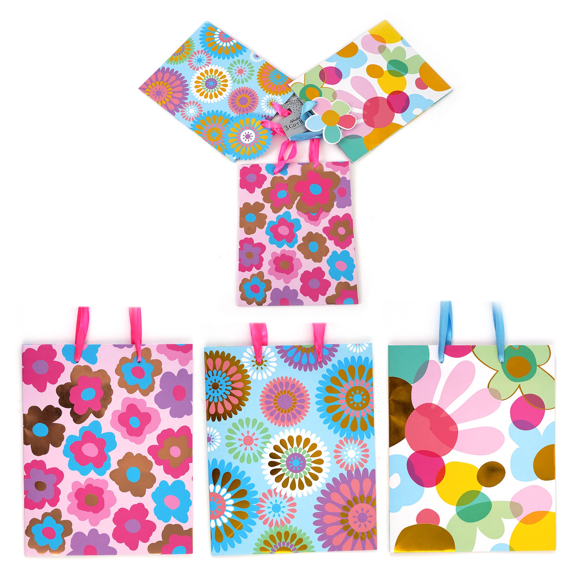 3-Pack Large Pink Pastel Floral Gift Bags with Hot Stamp Design - Perfect for Birthday Parties, Baby Showers & Wedding Favors (3 Unique Patterns)