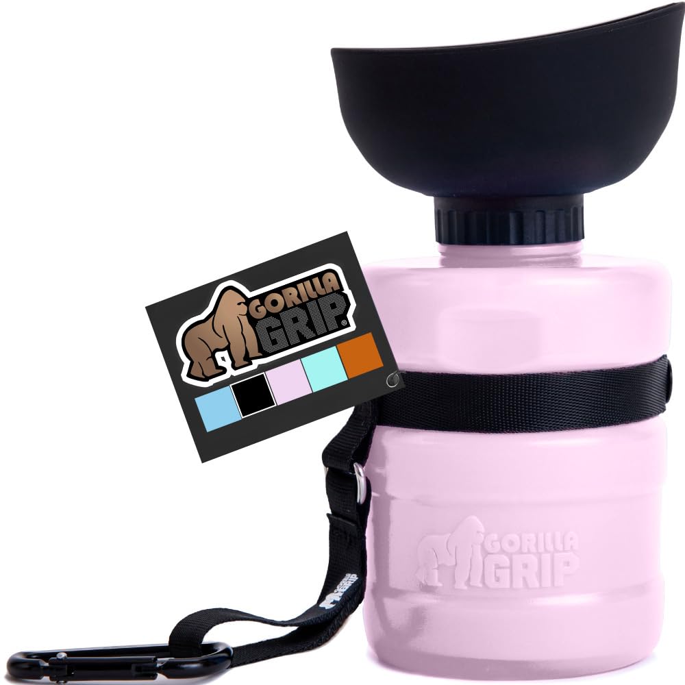 GORILLA GRIP Dog Water Bottle - 20oz Portable Leak-Proof Pet Travel Water Dispenser with Food Grade Silicone Bowl | Perfect for Hiking, Camping, Travel & Outdoor Adventures with Your Puppy | Pink