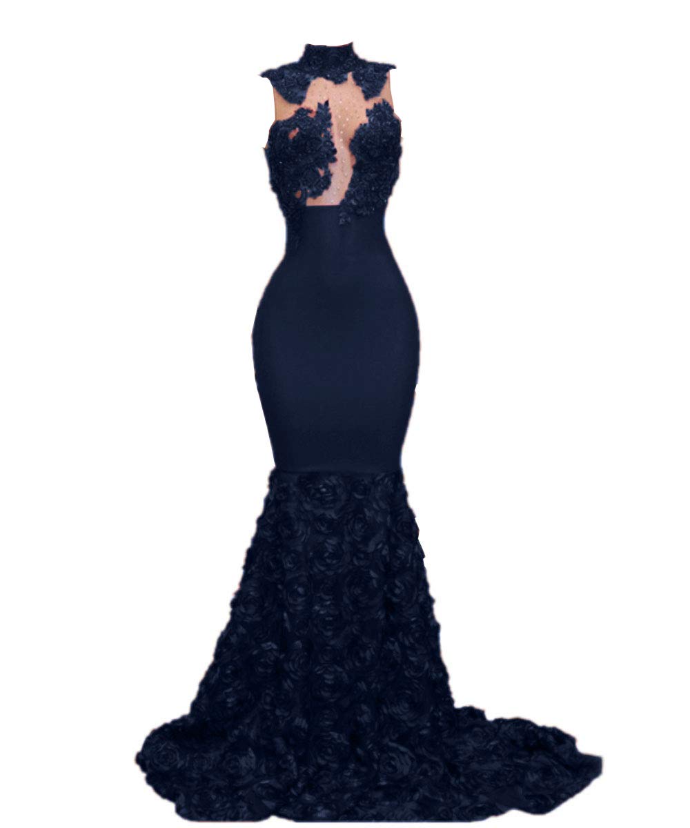 Elegant Women's Mermaid Evening Gown with Floral Applique & Beaded Details - High Neck See-Through Formal Dress for Prom, Wedding & Special Occasions