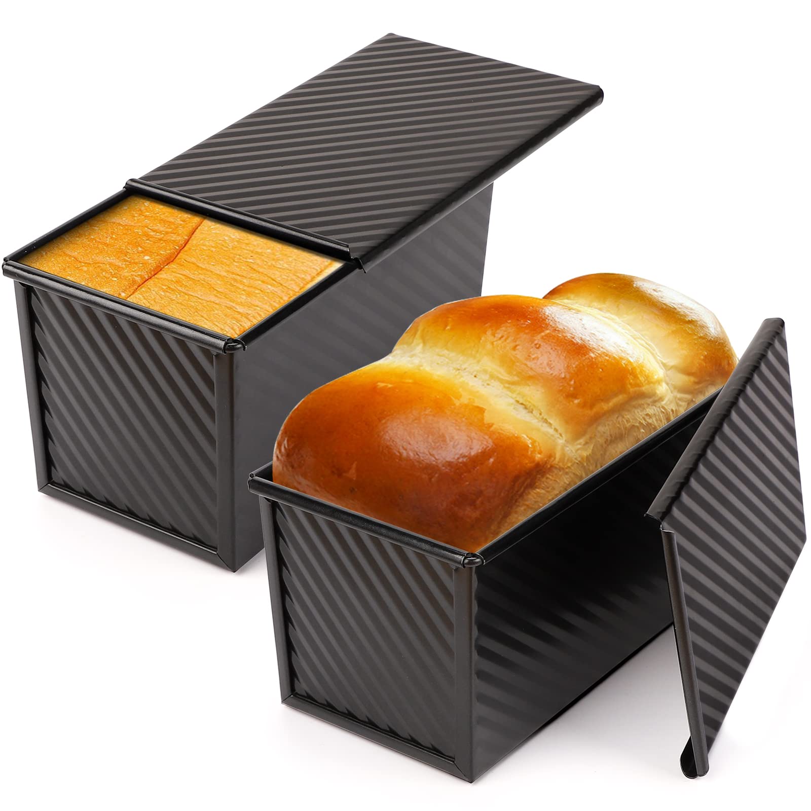 Beasea Pullman Loaf Pan 2-Pack - 1 lb Non-Stick Carbon Steel Bread Pan with Lid - Corrugated Toast Box Mold for Perfect Homemade Bread - Ideal for Oven Baking, Sandwich Loaves & Artisan Bread Making