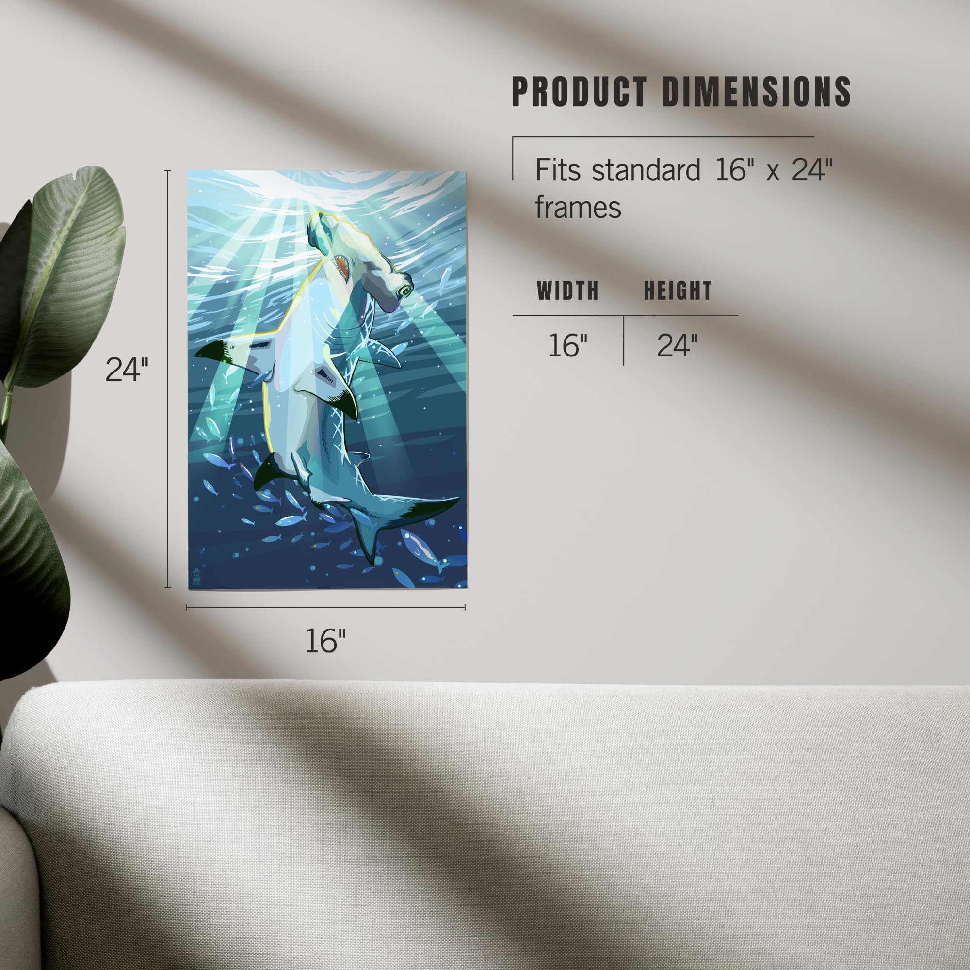 Lantern Press 16x24 Inch Giclee Print - Stylized Hammerhead Shark Wall Art | Premium Canvas Poster for Home, Office & Beach House Decor
