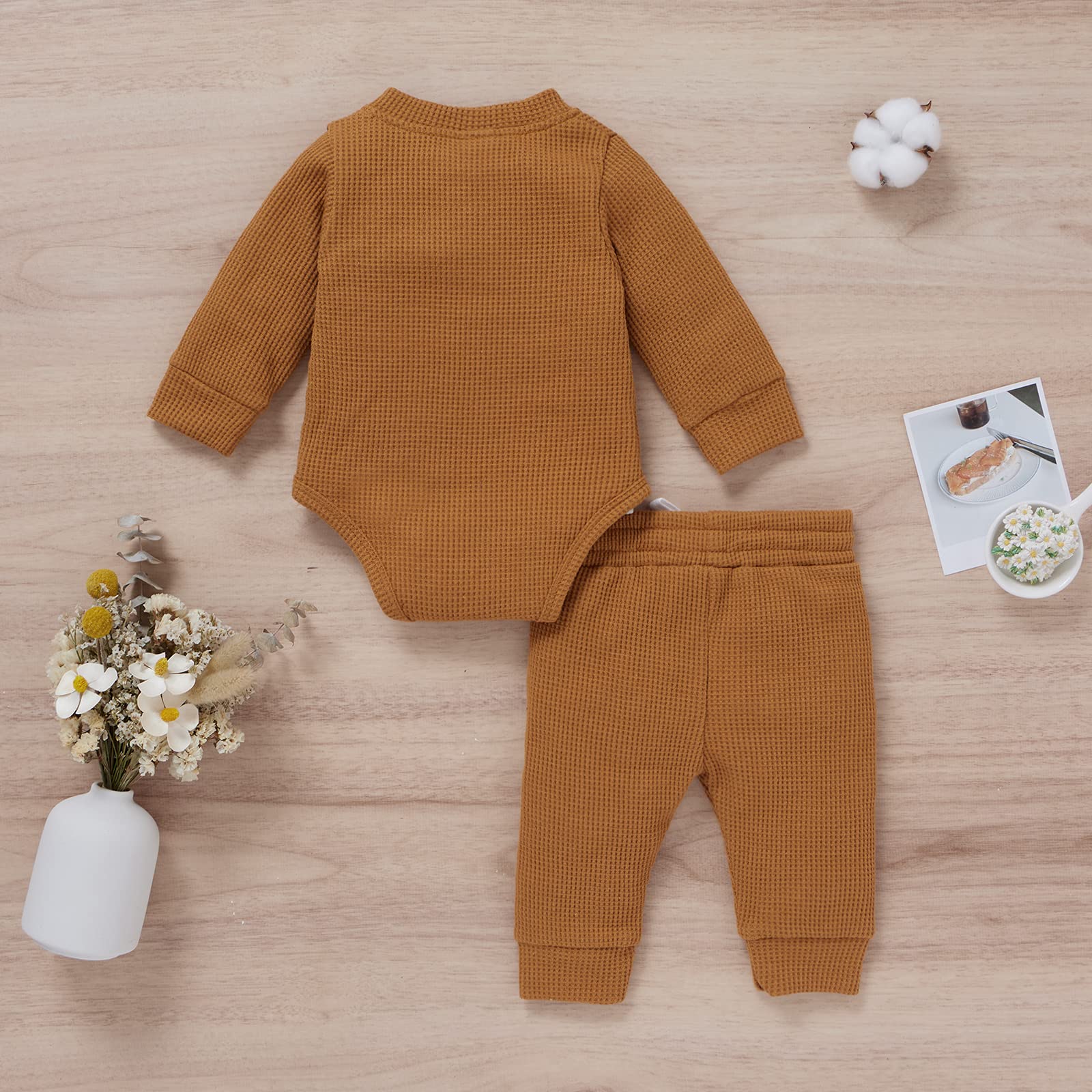 Unisex Newborn Baby Clothes Set - Fall/Winter Waffle Knit Long Sleeve Top & Pants Outfit for Boys & Girls | Soft Infant Wear for Daily Comfort & Photo Shoots