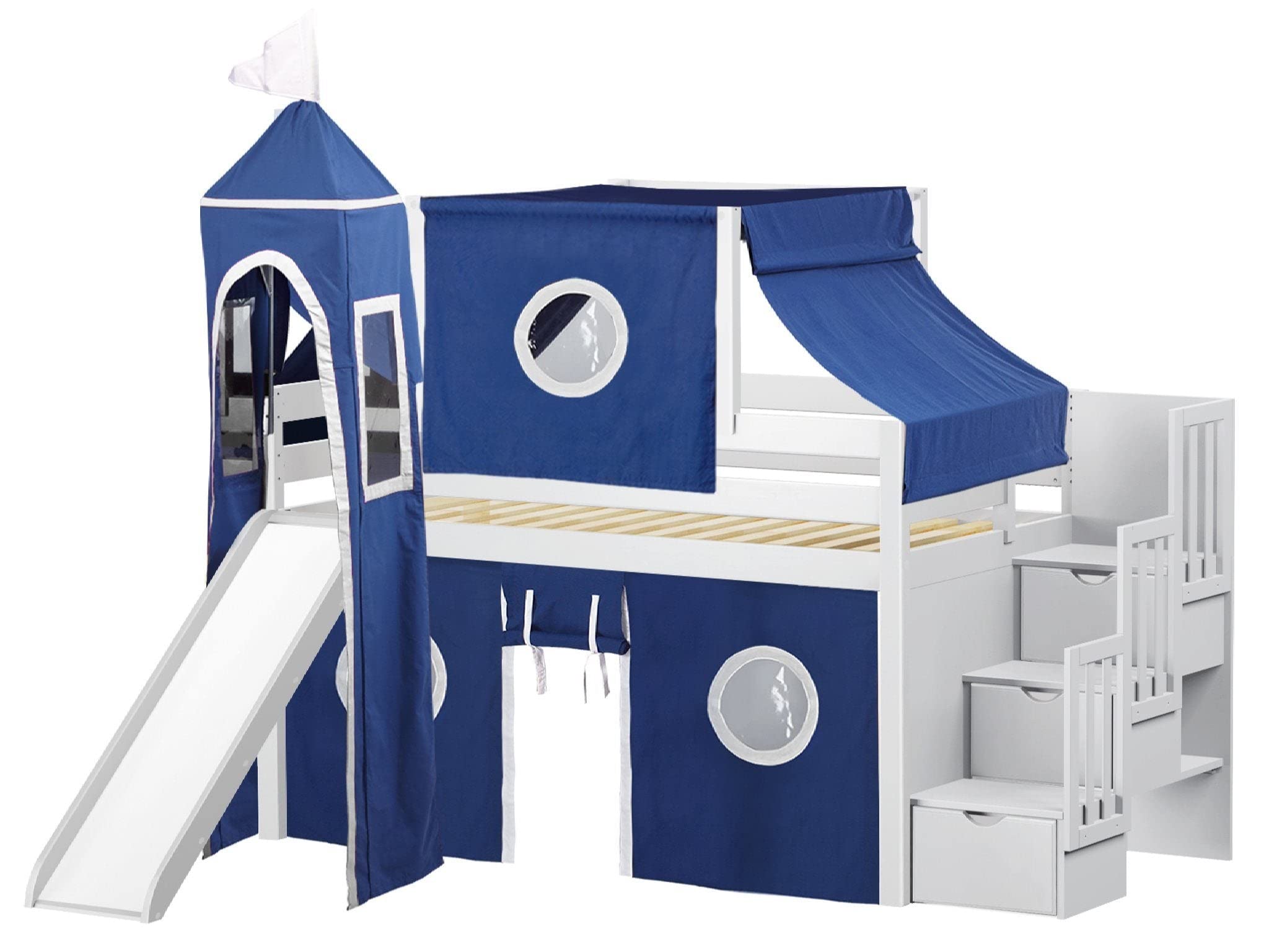 JACKPOT! Castle Themed Low Loft Stairway Bed with Slide - Blue & White Play Tent & Tower - Twin Size Loft Bed in White - Perfect for Kids' Bedroom & Playroom Adventures