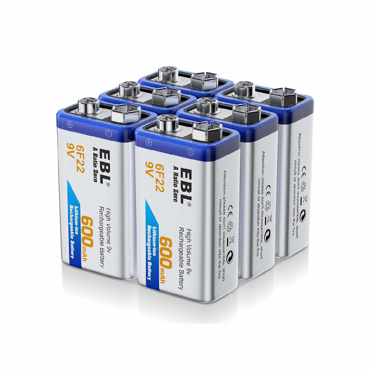 EBL 9V Lithium Ion Rechargeable Battery 600mAh - Long Lasting Power for Smoke Detectors, Guitar Pedals & Electronic Devices