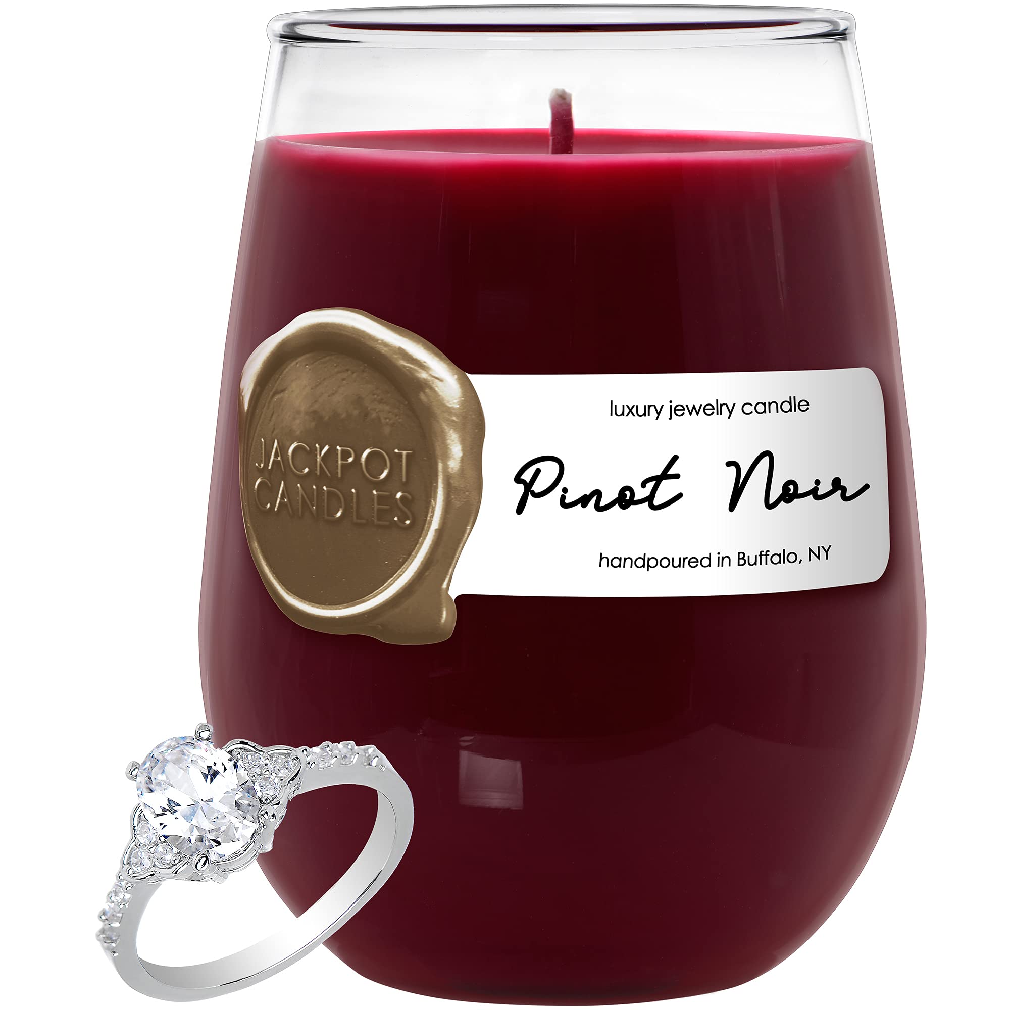 Pinot Noir Wine Glass Candle with Hidden Surprise Ring Inside (Jewelry Valued $15-$5000) - Size 5 | Romantic Gifts, Wedding Favors, Birthday Presents & Home Decor
