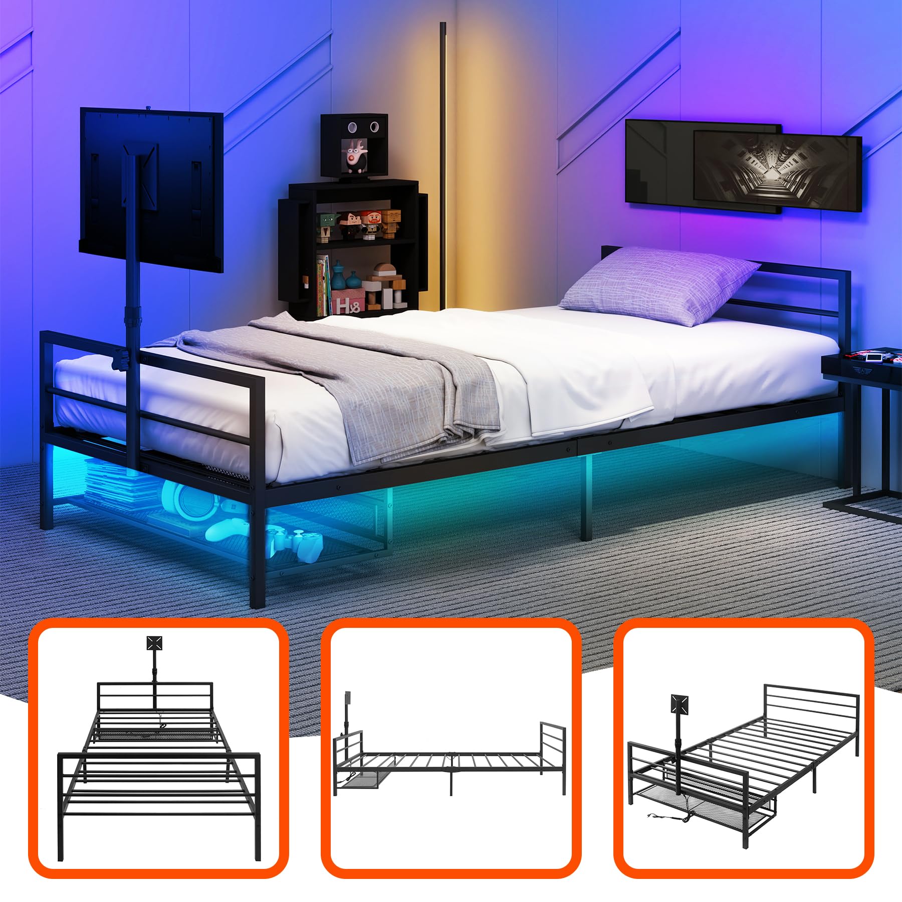Black Metal Gaming Bed Frame with TV Mount & LED Lights - Twin Size Gamer Bed for Teen Boys - Perfect Gift for Gaming Enthusiasts with Storage Space - Ideal for Gaming Rooms & Teen Bedrooms